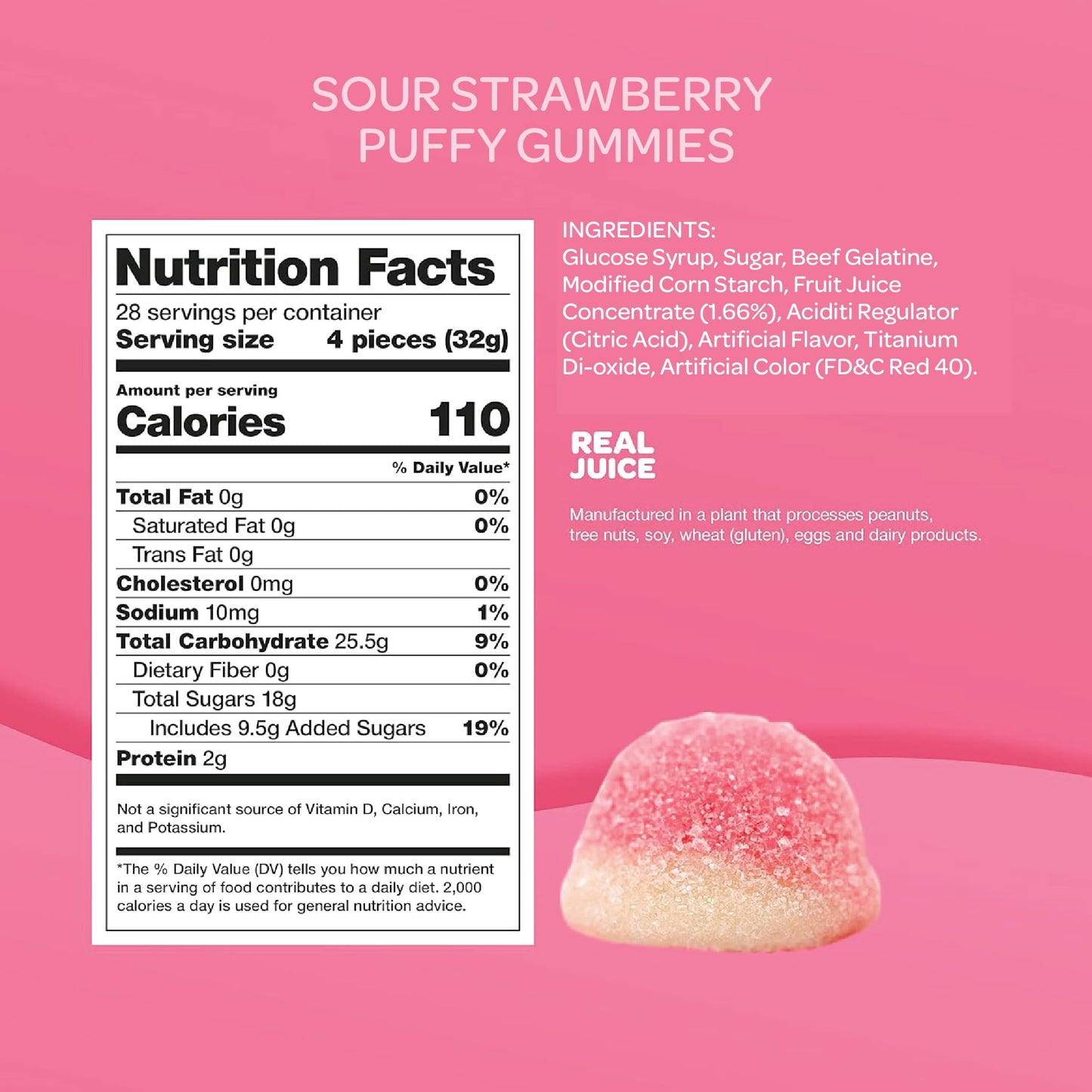 FUNTASTY Strawberry Puffy Gummy Candy - Bulk 2 Pound Pack, Pink Sweets, About 110 Count