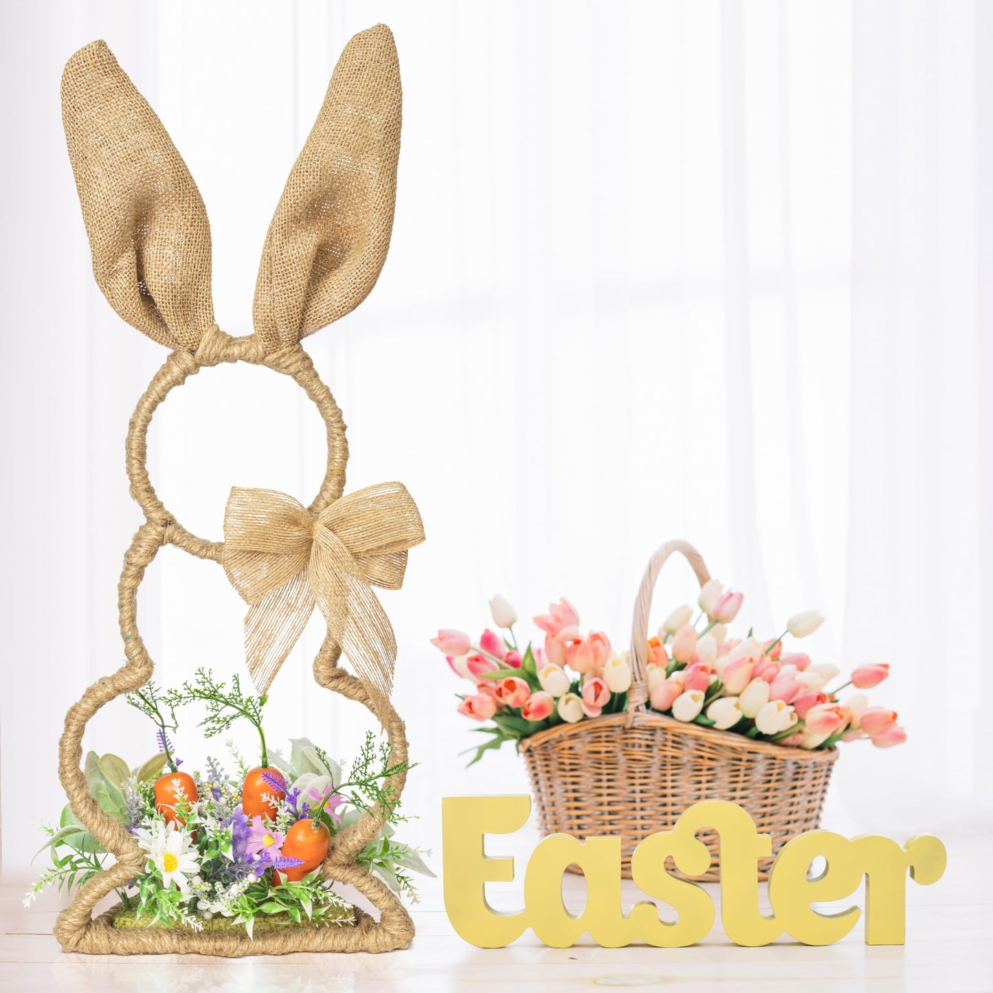 Ki Store Easter Bunny Spring Decoration With Carrot Floral 24-Inch For Fireplace Mantel Table Burlap Easter Sping Party Holiday
