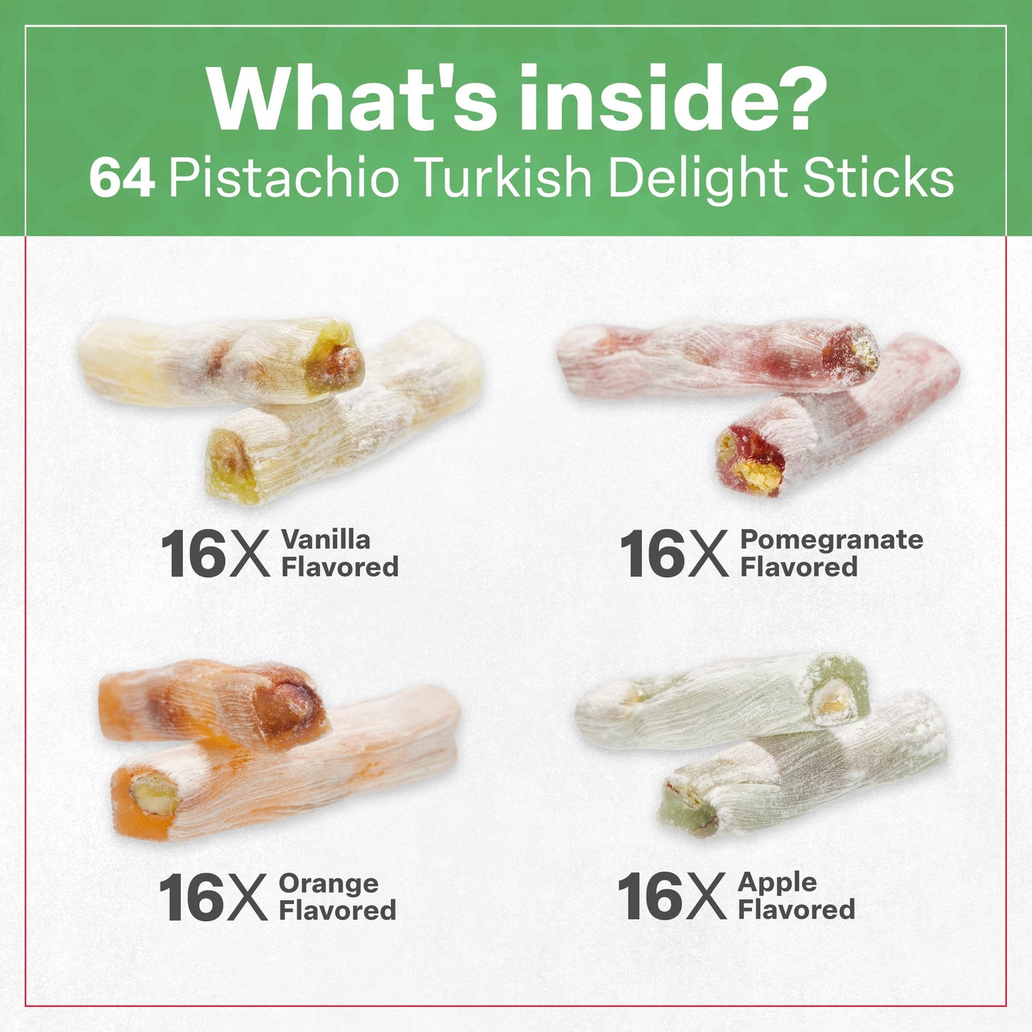 Eastanbul Turkish Delight Candy Sticks Pistachio Filled 17.6Oz, W/ 4 Flavors: Apple, Orange, Pomegranate, Vanilla International
