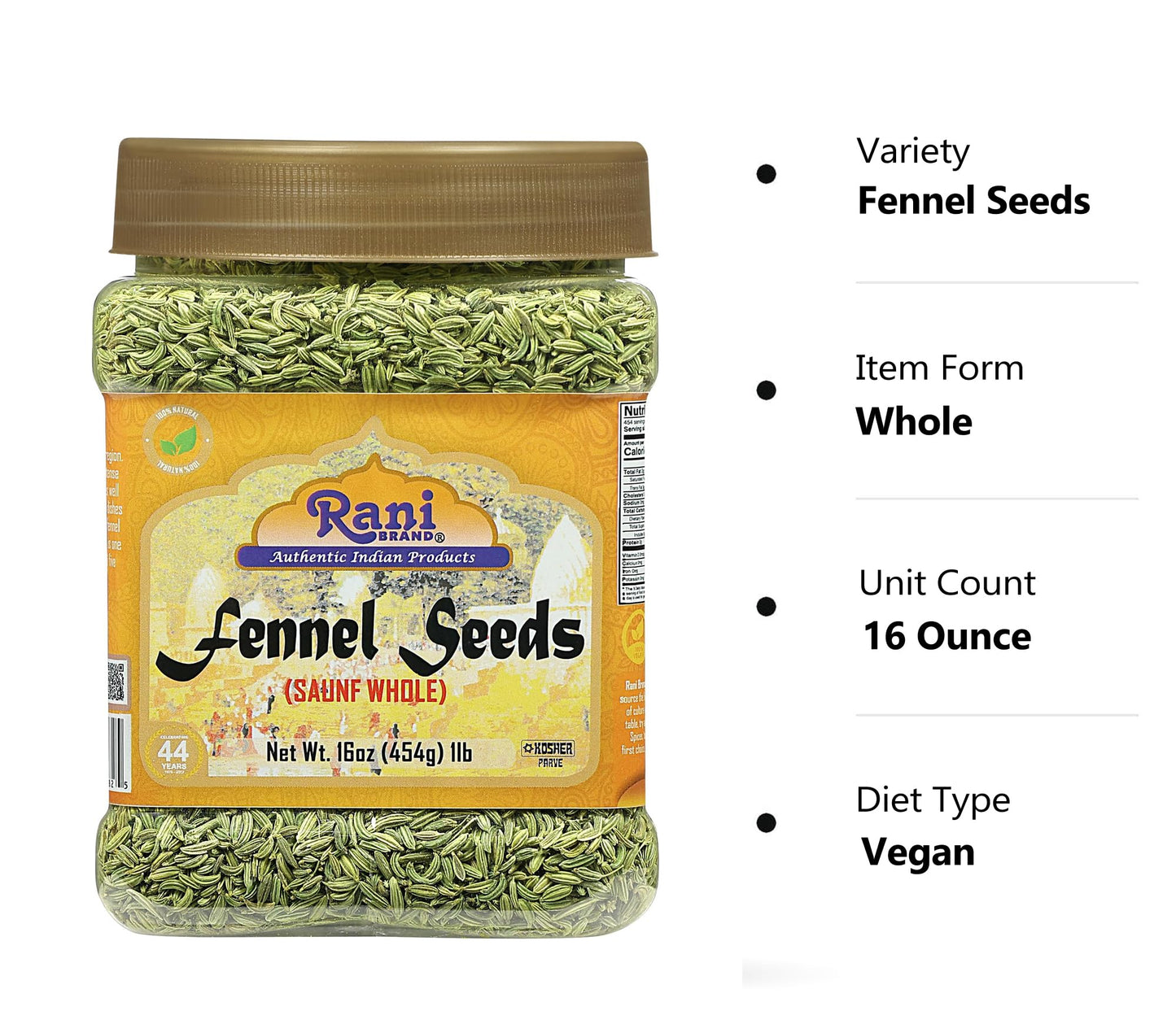 Rani Fennel Seeds (Saunf Sabut) Whole Spice 16Oz (1Lb) 454G Pet Jar All Natural Gluten Friendly Non-Gmo Vegan Indian Origin