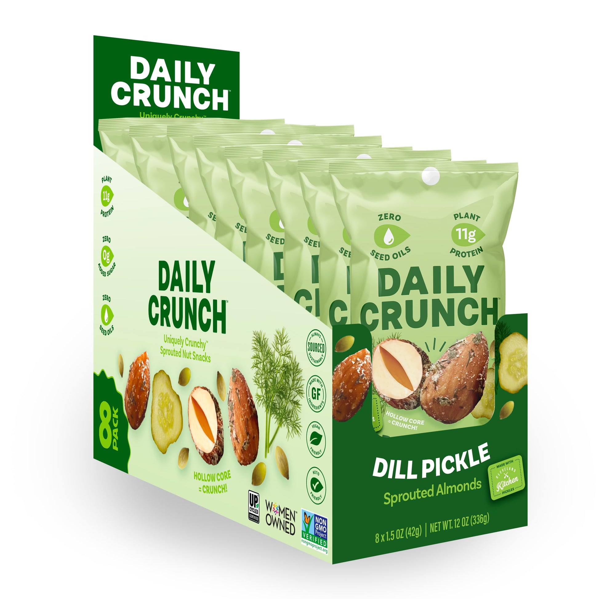 Daily Crunch Dill Pickle Sprouted Almonds Snack Pack, Zero Seed Oils, Keto Friendly, Gluten Free, 1.5oz, 8 Pack
