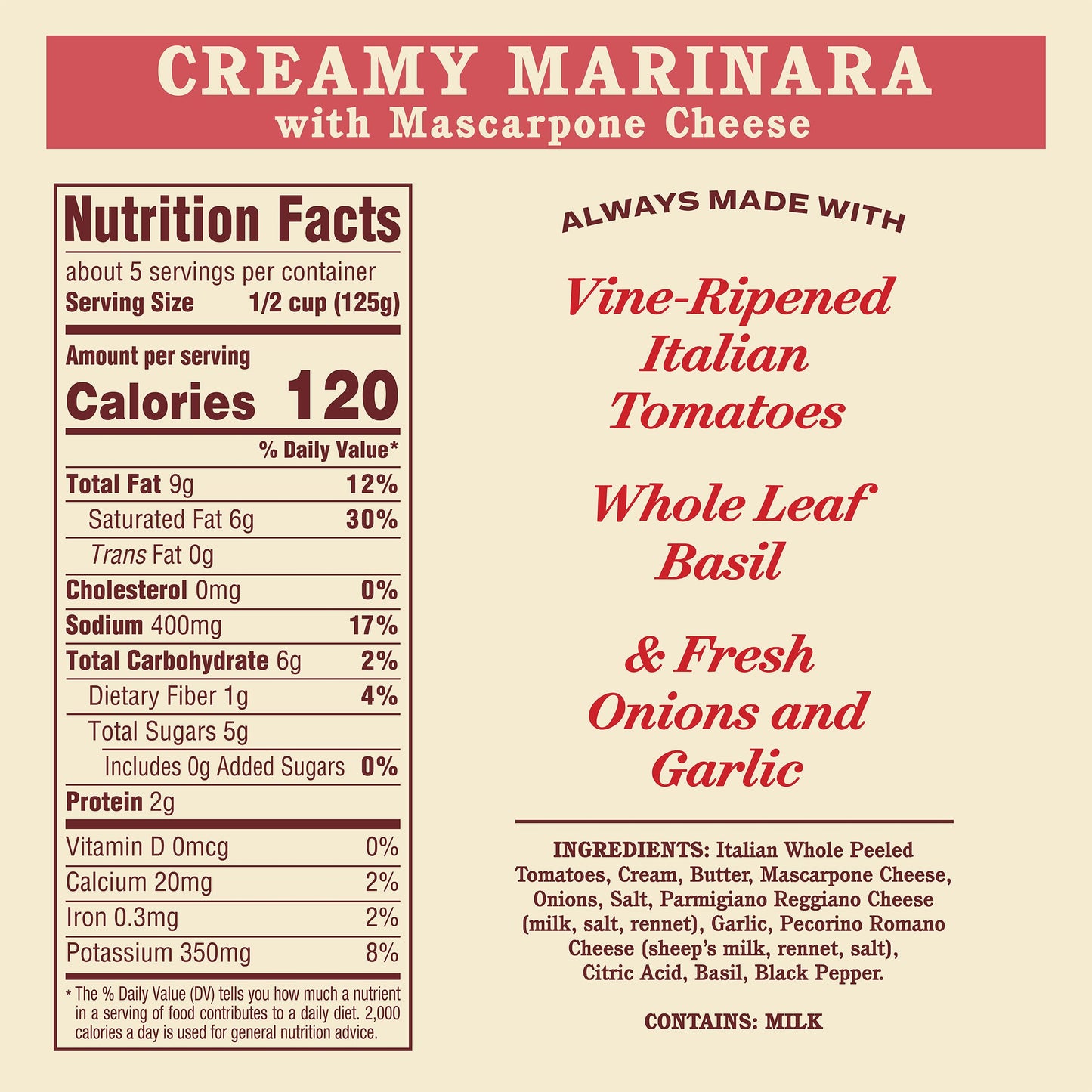 Raos Homemade Creamy Marinara Sauce with Mascarpone, 24 oz, All Purpose Tomato Sauce, Red