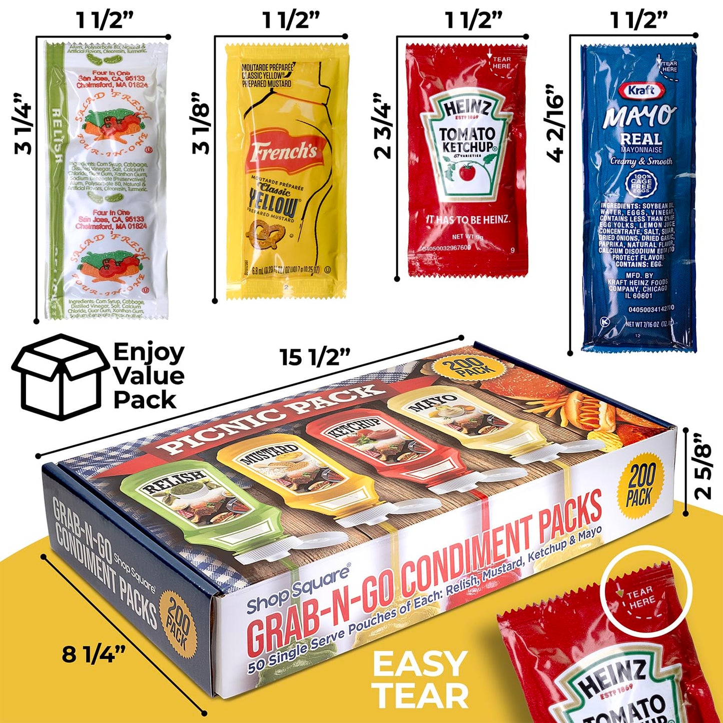 Shop Square Grab-n-Go Condiment Packs - 200 Single Serve Pouches: Ketchup, Mustard, Relish, Mayo - Perfect for Picnics and BBQs