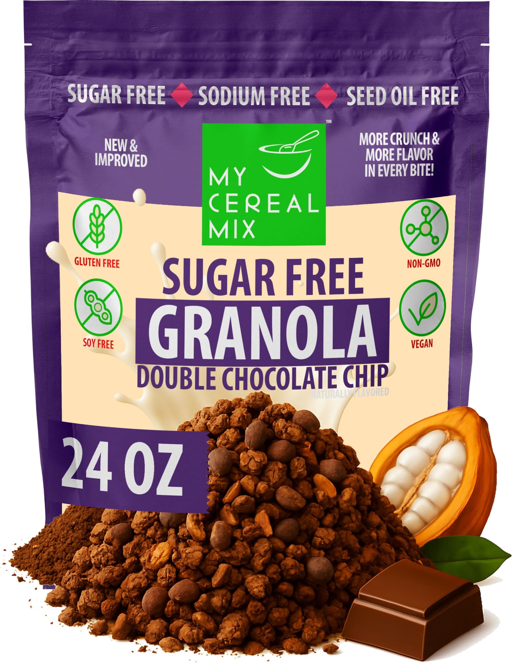 MyCerealMix Sugar Free Granola Double Chocolate Chip - Vegan, Gluten Free Breakfast Cereal - No Artificial Sweeteners - Naturall