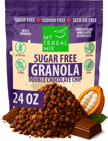 MyCerealMix Sugar Free Granola Double Chocolate Chip - Vegan, Gluten Free Breakfast Cereal - No Artificial Sweeteners - Naturall