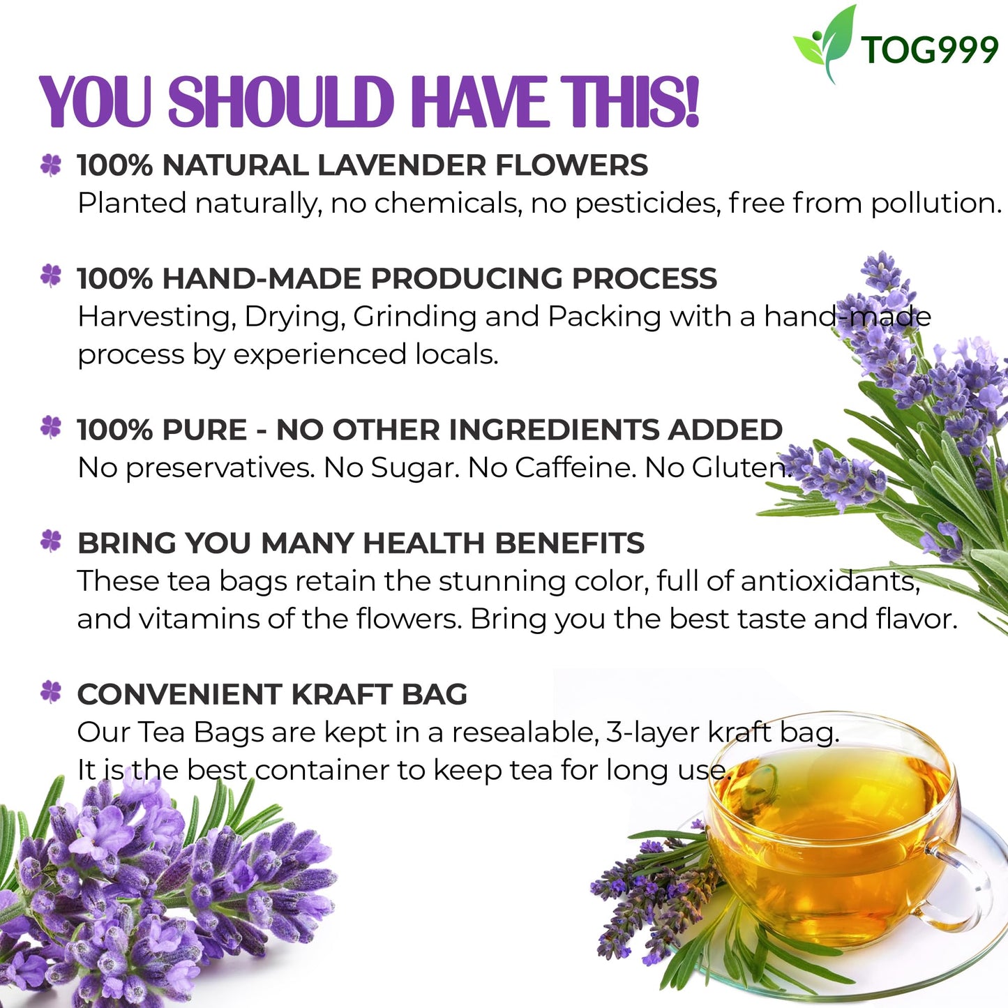 TOG999 Lavender Flower Tea Bags, 100% Natural, Caffeine-Free, Vegan, 120 Bags