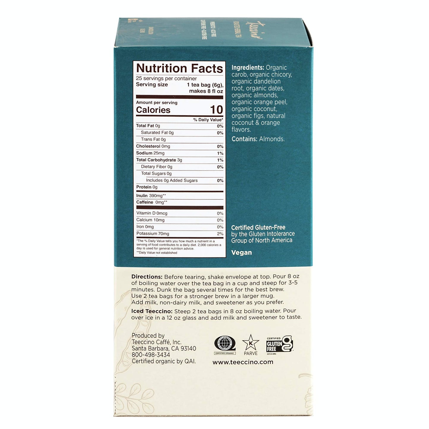 Teeccino Dandelion Coconut Tea - Caffeine Free Herbal Tea with Prebiotics - 25 Tea Bags