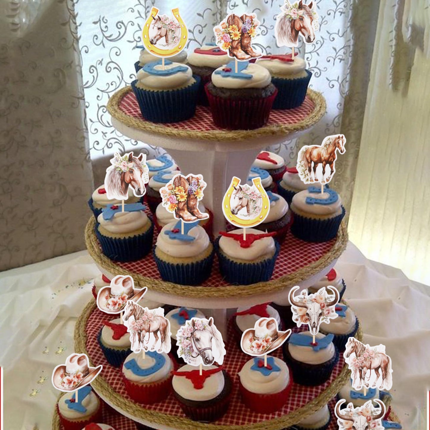 Zhuoweism 40 Pcs Horse Cupcake Toppers - Western Cowgirl Cupcake Picks - Floral Horseshoe Hat Boots - Cake Decorations For Horse