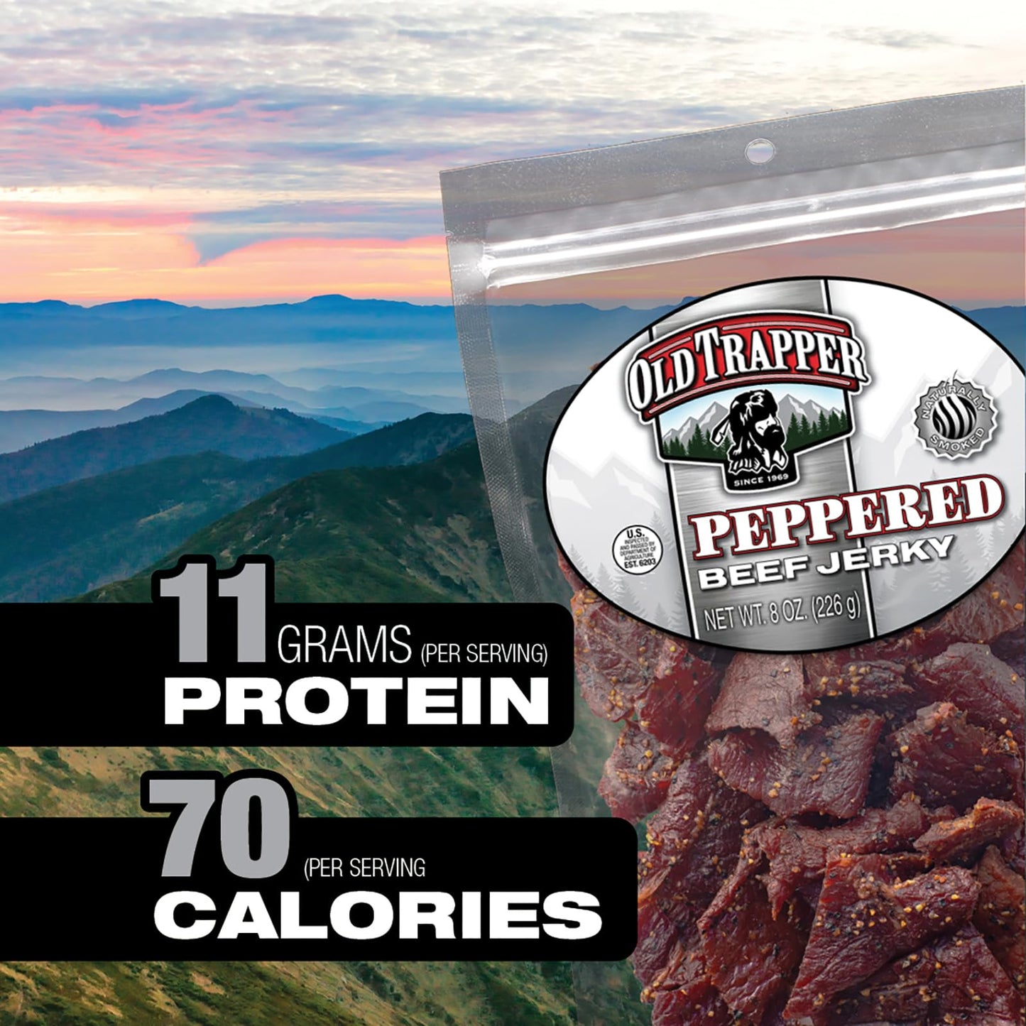 Old Trapper Beef Jerky, Peppered, 8 Ounce Pack, 11g Protein, Zero Fat, Spicy Meat Snack