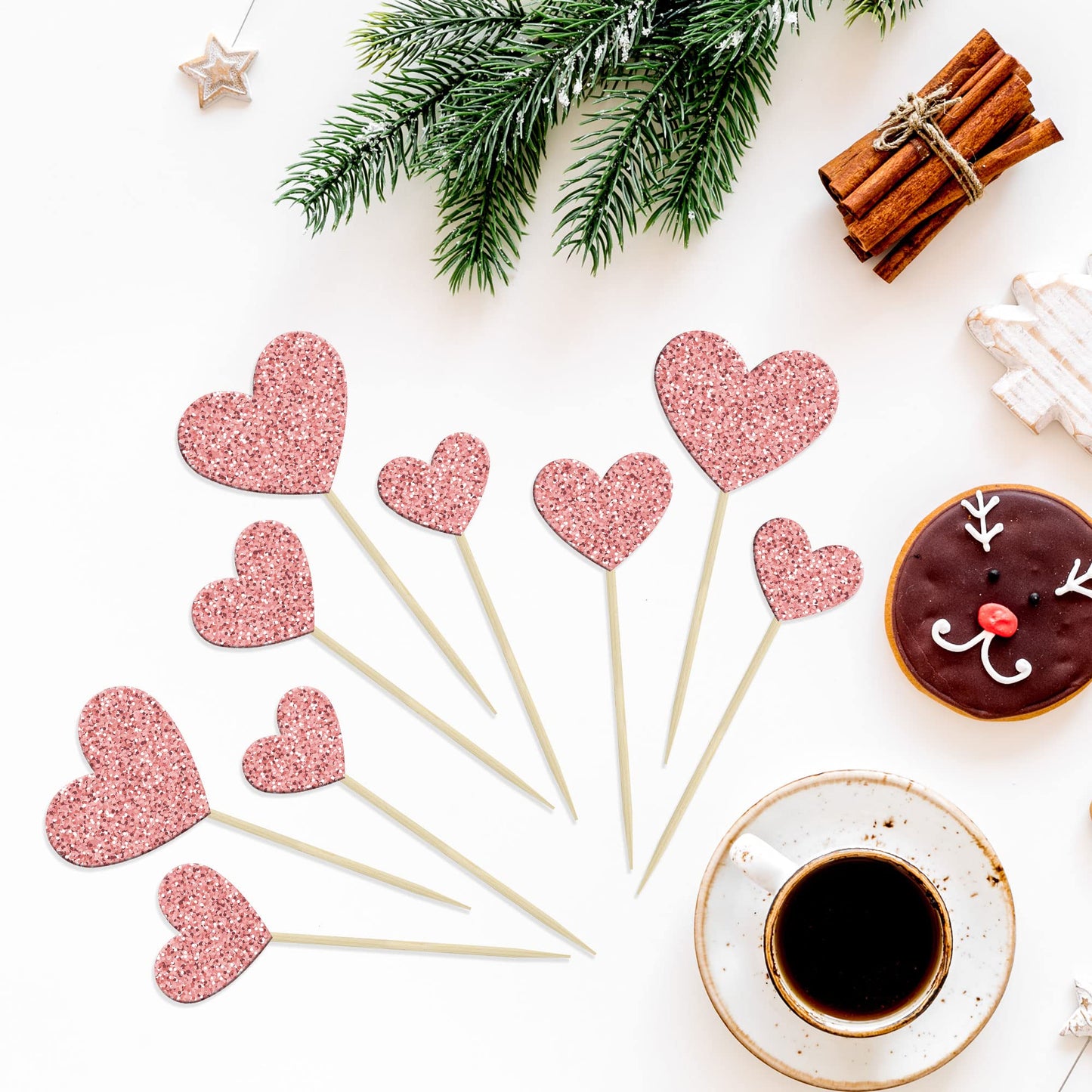 Gyufise Heart Cupcake Toppers - 30 Pcs Rose Gold Glitter Picks for Weddings, Engagements, Birthdays, Valentines Day Party Supplies