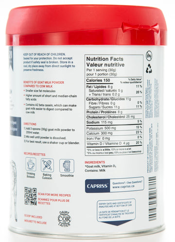 Capriss Whole Goat Milk Powder, 22.5Oz | Canadian Family Farm Sourced, Vitamin D Enriched, High Protein & Calcium, A2 Milk, Easy
