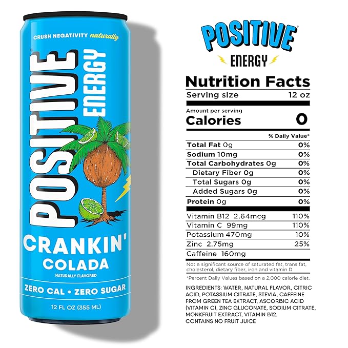 POSITIVE ENERGY Positive Energy Drink - Crankin' Colada, Zero Sugar & Calories, 12oz Cans (Pack of 12), Hydrating Electrolytes, Immunity Support
