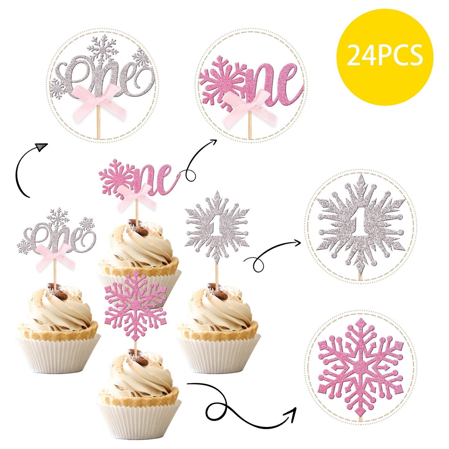 24 Pcs Snowflake 1St Birthday Cupcake Toppers Glitter Bow First Birthday Snowflake One Cupcake Picks For Winter Onederland Theme
