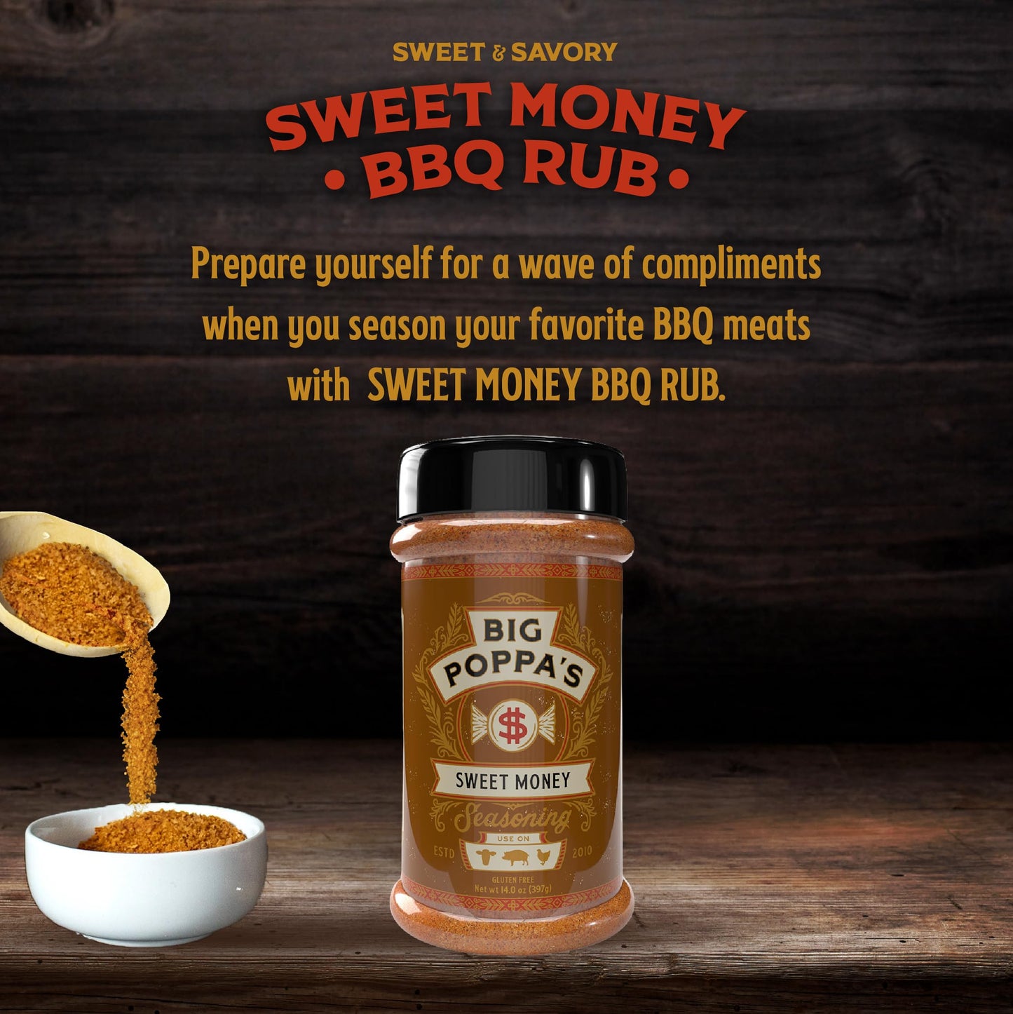 Big Poppa Smokers Sweet Money BBQ Rub - Gluten-Free Pork Seasoning - 14 Oz Shaker