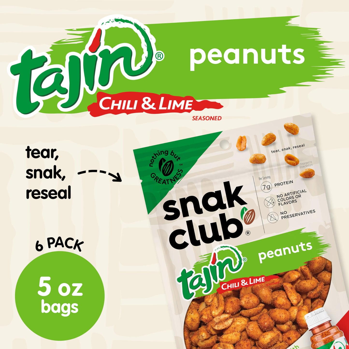 Snak Club Tajin Peanuts, Chili & Lime Mild In Heat Bold In Flavor Spicy Snacks, 5 Ounce (Pack Of 6)