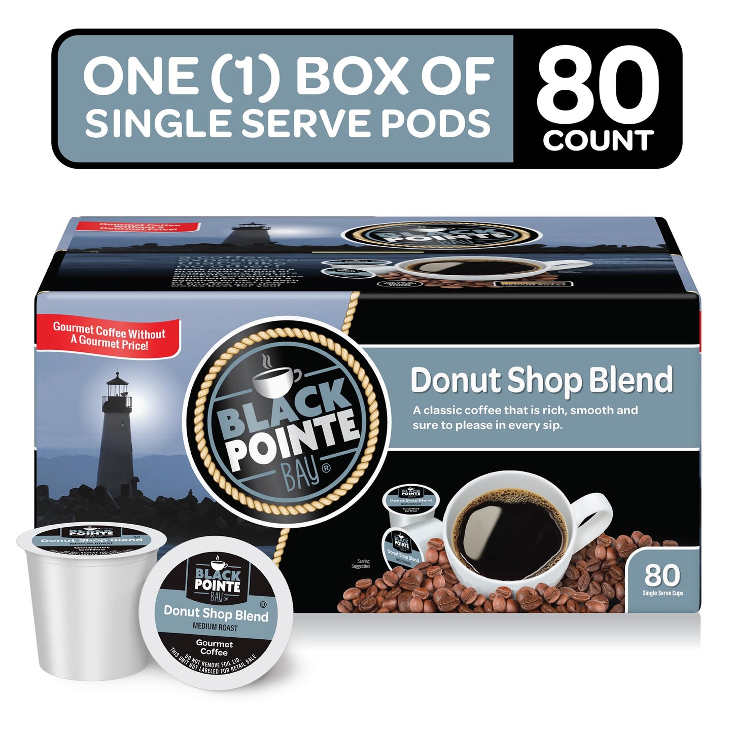 Black Pointe Bay Coffee Donut Shop Blend Medium Roast 80 Count Single Serve Pods for Keurig K-Cup malt-inspired Brown