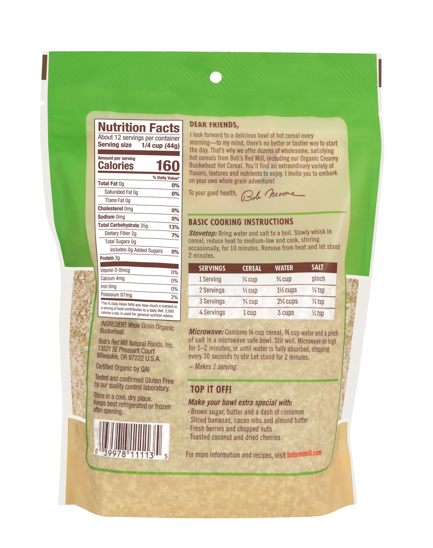 Bob'S Red Mill Organic Gluten Free Creamy Buckwheat Hot Cereal, 18Oz (Pack Of 4) - Non Gmo, Whole Grain, Vegan, Kosher