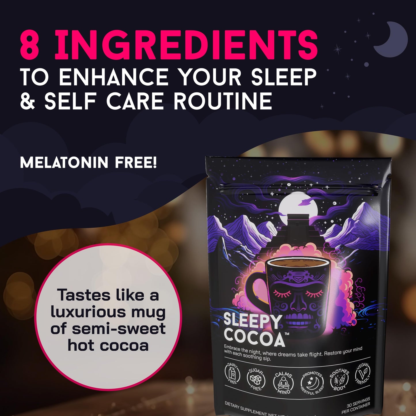 Super Cocoa Sleepy Cocoa Hot Chocolate Mix - Sugar Free, Non Dairy, Keto, Vegan - 13.9 Ounce - Sleepy Semi-Sweet Cocoa