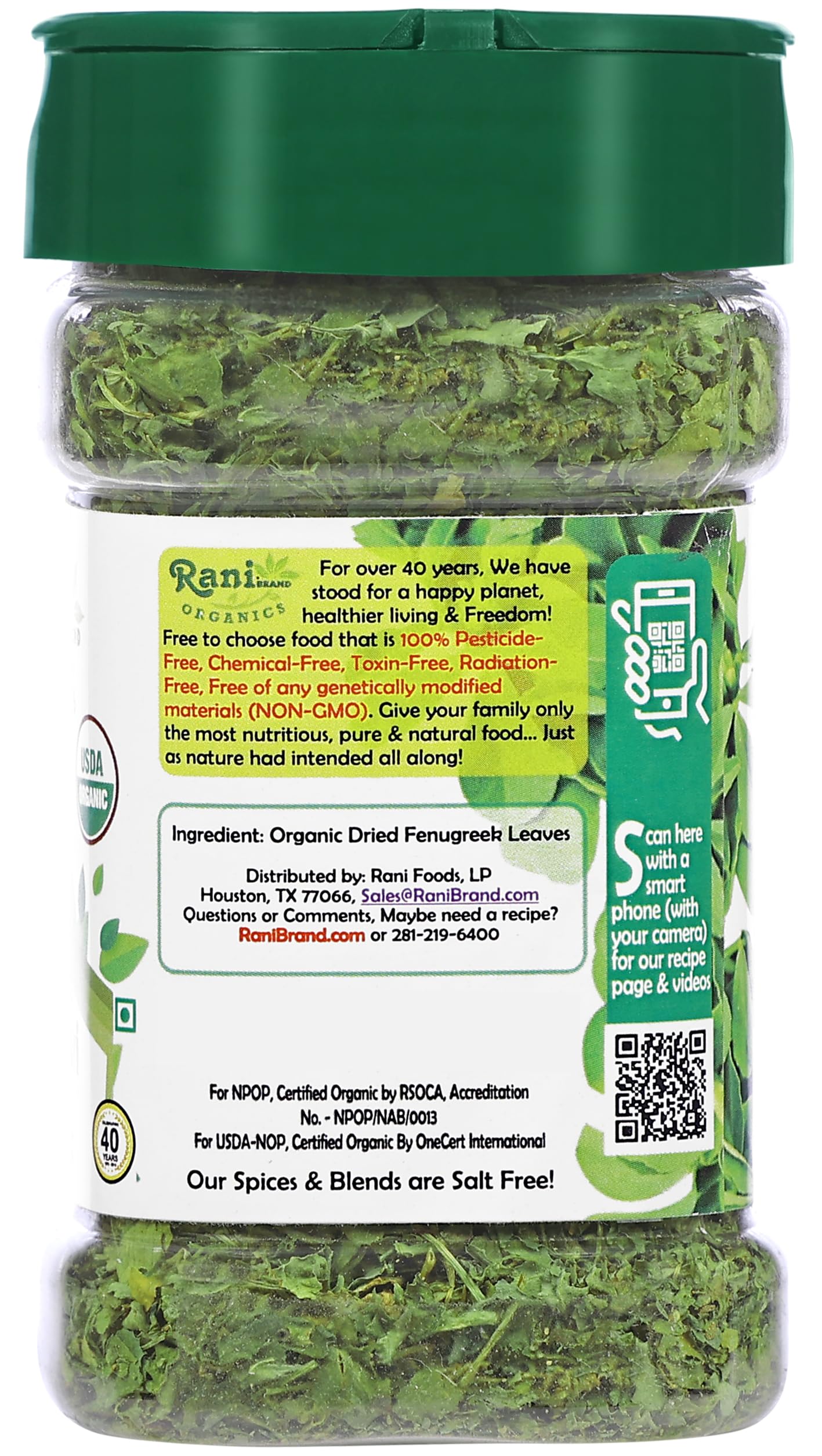 Rani Organic Fenugreek Leaves Dried (Kasoori Methi) 1oz PET Jar - Vegan, Gluten Friendly, NON-GMO, USDA Certified Organic
