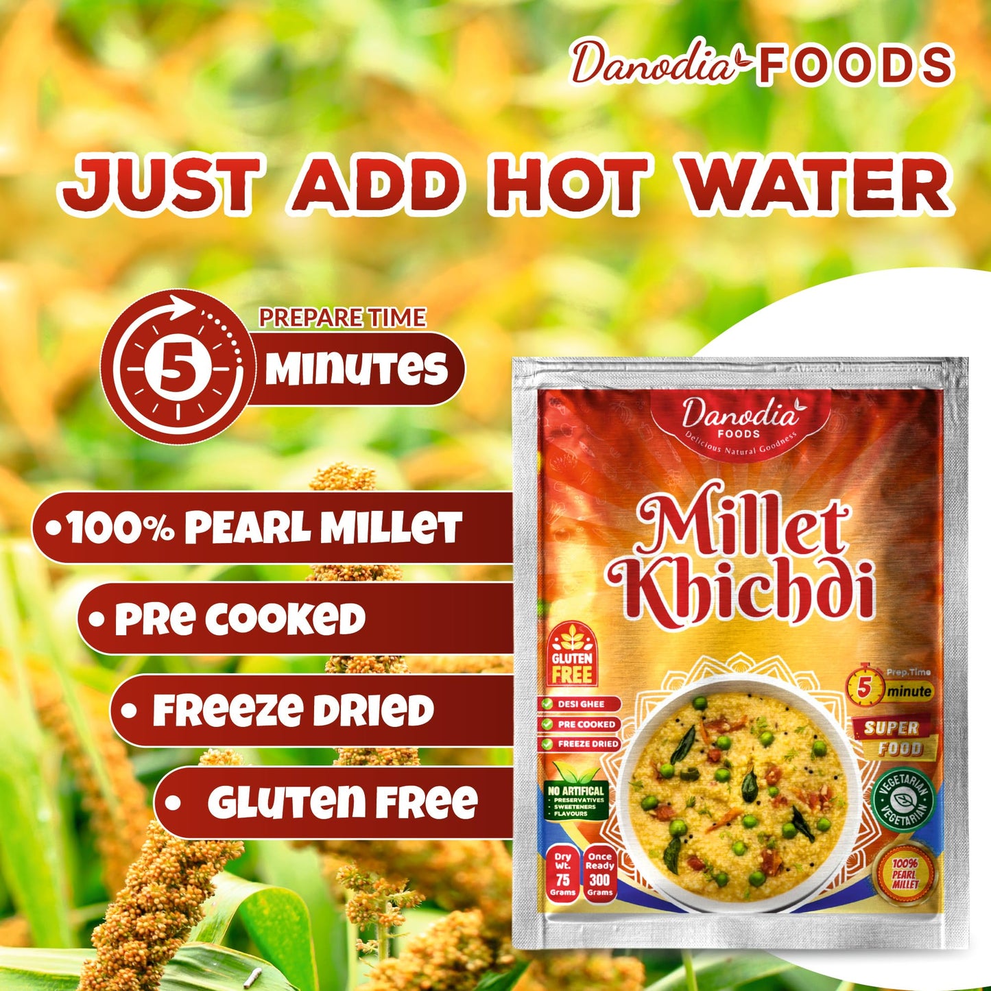 Danodia Foods Ready-To-Make Pearl Millet Khichdi, Pre-Cooked & Freeze-Dried (4Oz) | Instant Meal, Just Add Hot Water | Made With
