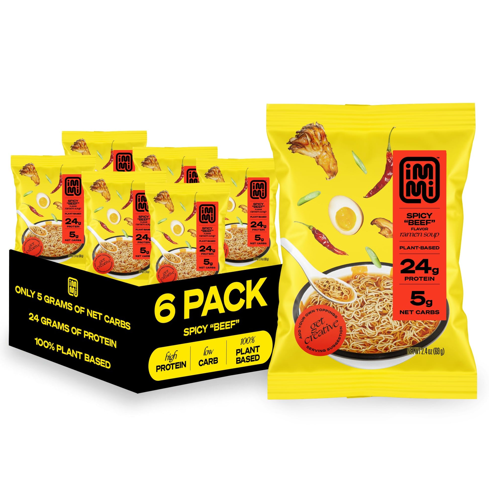 Immi Spicy ''Beef'' Ramen, 100% Plant Based, Keto Friendly, High Protein, Low Carb, Packaged Noodle Meal Kit, Ready To Eat, 6 Pa