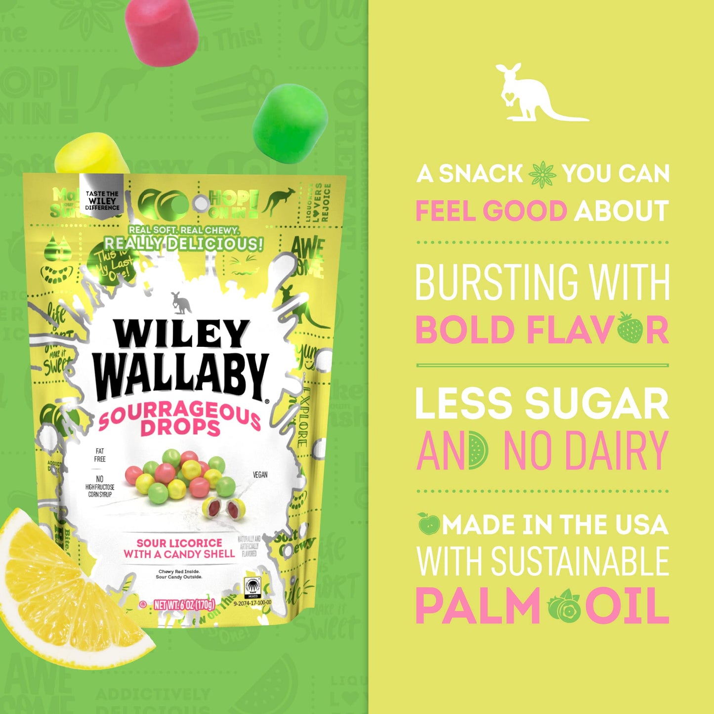Wiley Wallaby 6 Ounce Sourrageous Drops Mix Of Watermelon, Green Apple And Lemon Soft & Chewy Licorice With A Candy Shell, 1 Pac