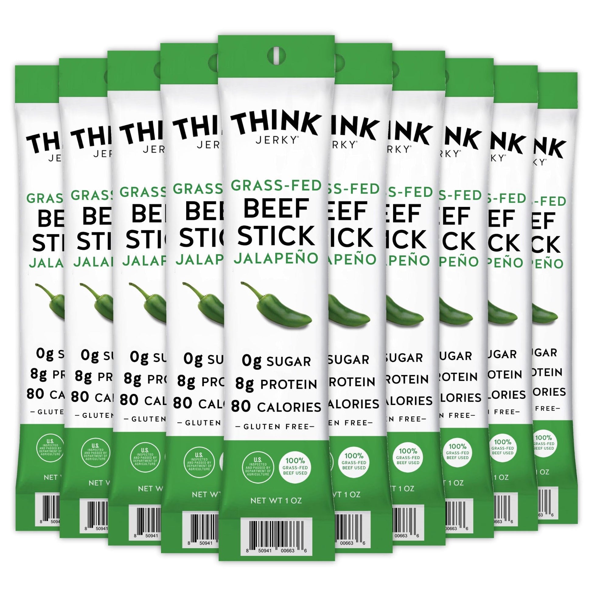 Think Jerky, Jalapeno Grass-Fed Beef Sticks, Master Case,1 Ounce (10 packs of 5) Sugar Free, Gluten Free, No Nitrates, Keto Frie