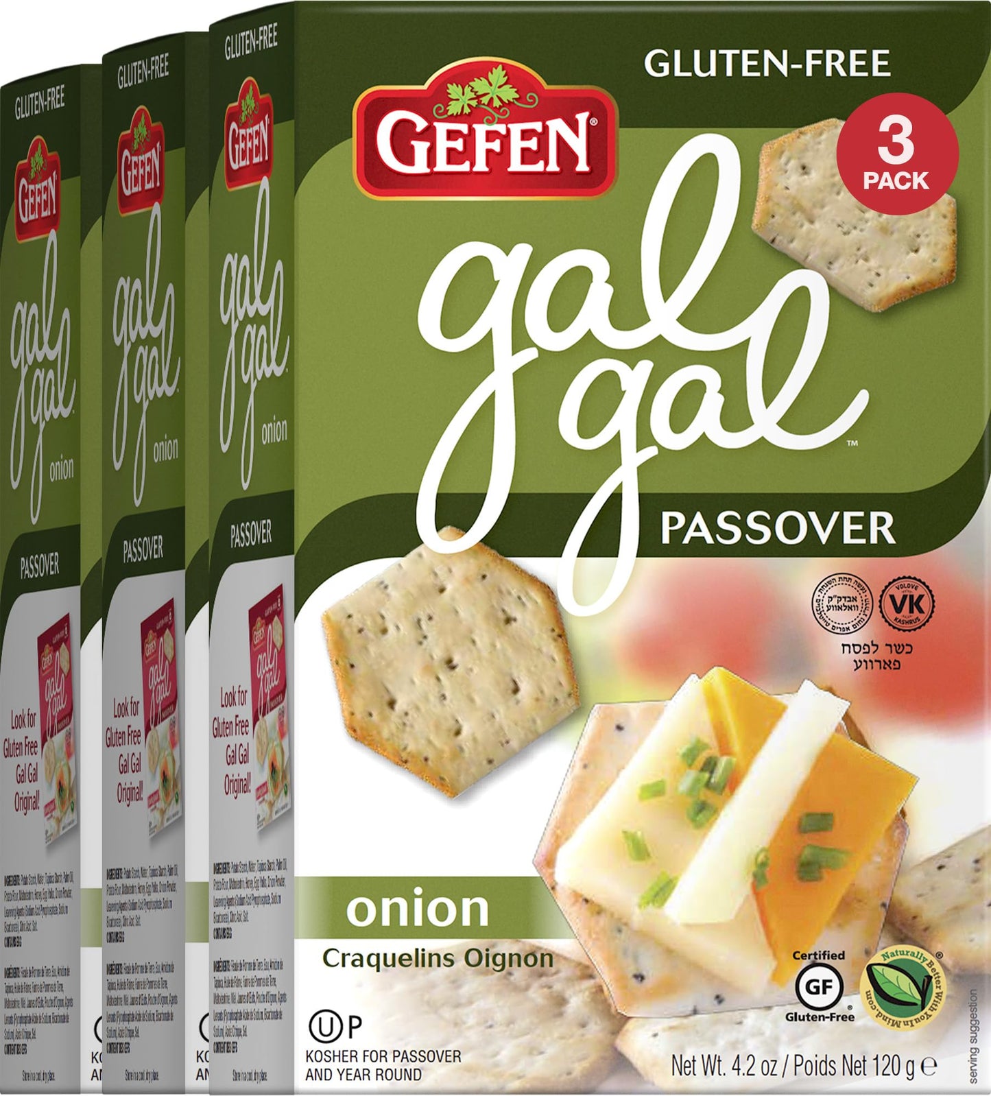 Gefen Gal Gal Gluten Free Onion Crackers 4.2oz (3 Pack) | Low Fat, Zero Sugar, All Natural, Passover Crackers