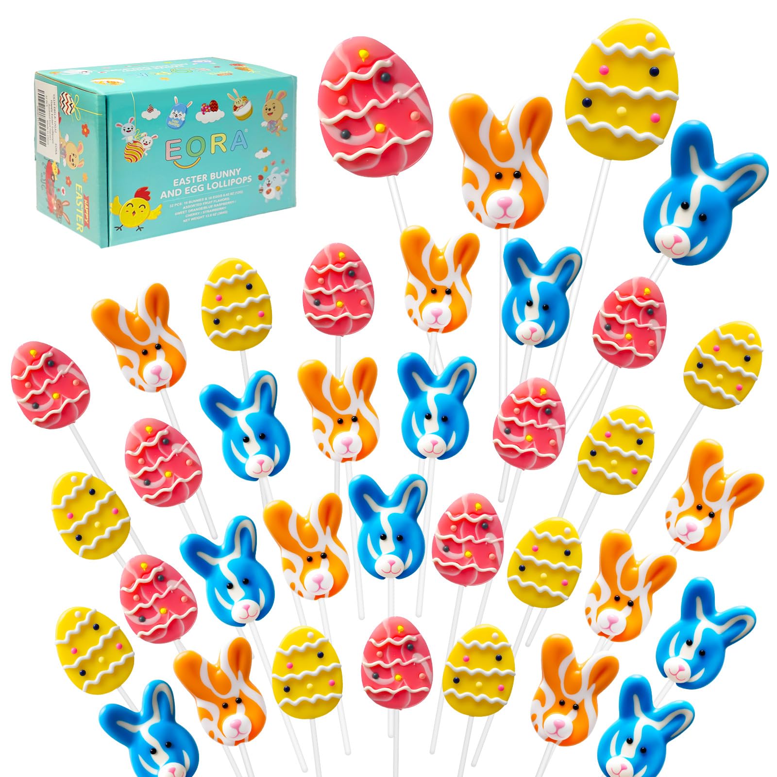 32 Pack Happy Easter Candy Suckers Lollipops, Cute Bunny & Egg Hard Lollipops Candy, Assorted Fruit Flavored Lollipop Suckers, I