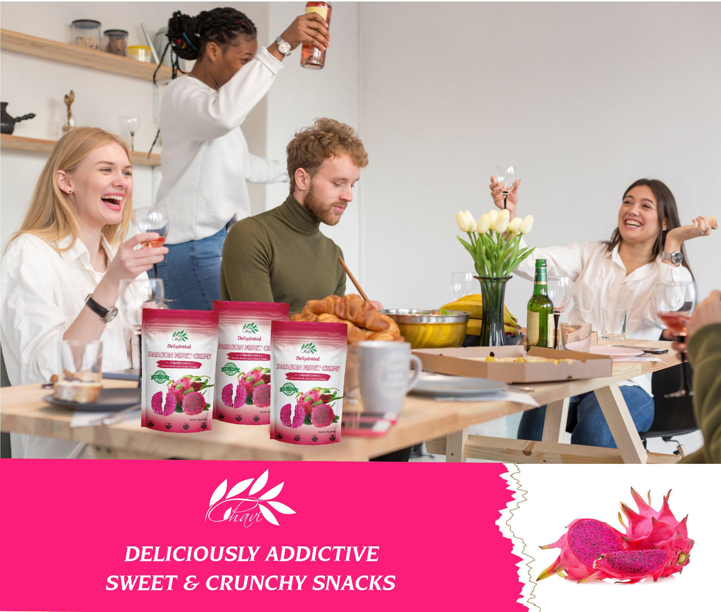 Chavi Dragon Fruit Chips - Pack Of 6 X 2 Oz - Healthy 1 Ingredient Superfood Snack - No Added Sugars Or Preservatives - Non-Gmo,