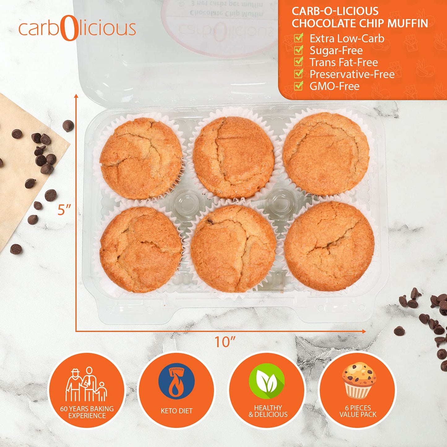 Low Carb Chocolate Chips Muffins [6-Pack] By Carb-O-Licious- Delicious Keto Muffins With Only 3 Net Carbs Each- Sugar Free Healt