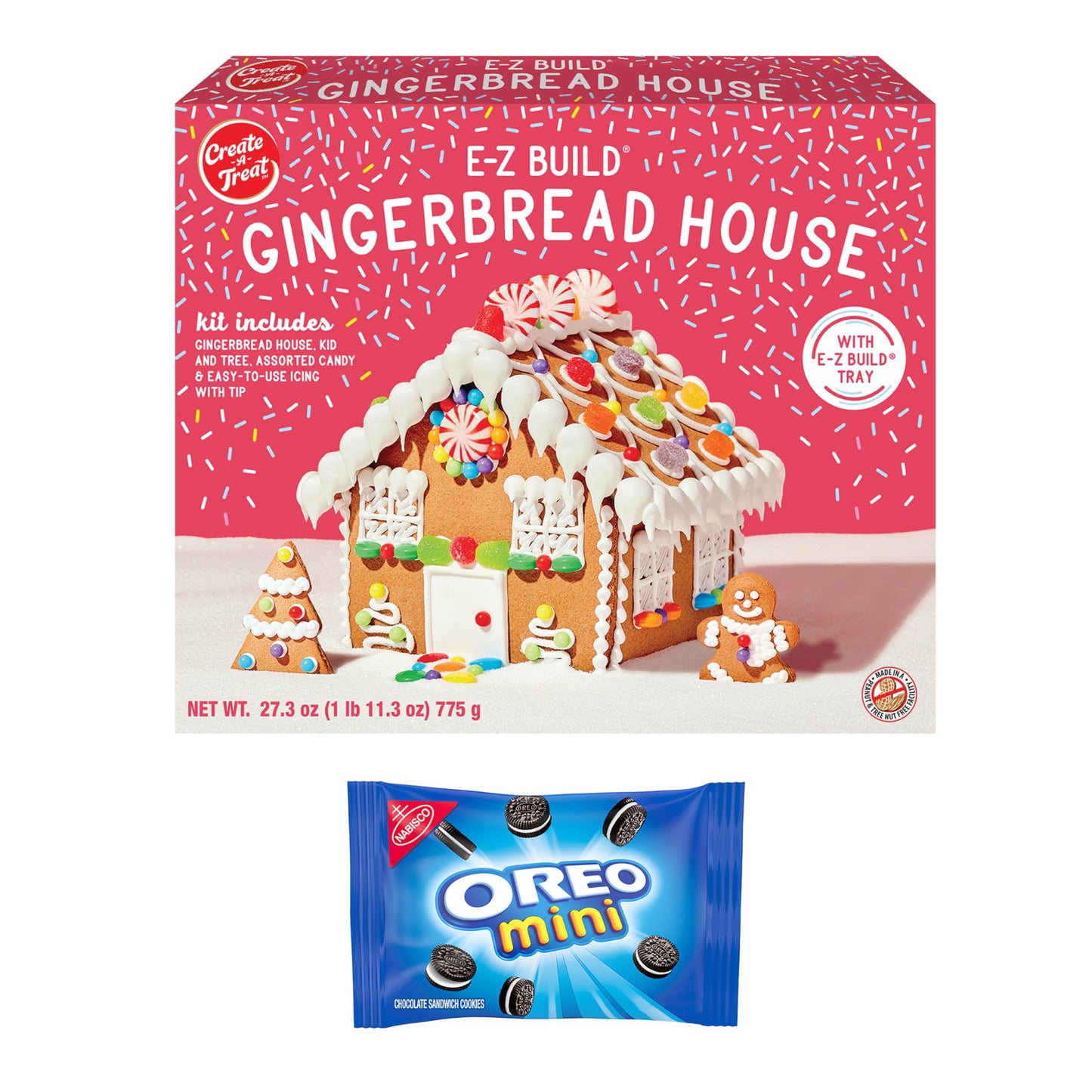 NABISCO Create-A-Treat E-Z Build Gingerbread House Decorating Kit, Holiday Gift, 27.3 oz + Bonus OREO Mini Cookie Snack Pack