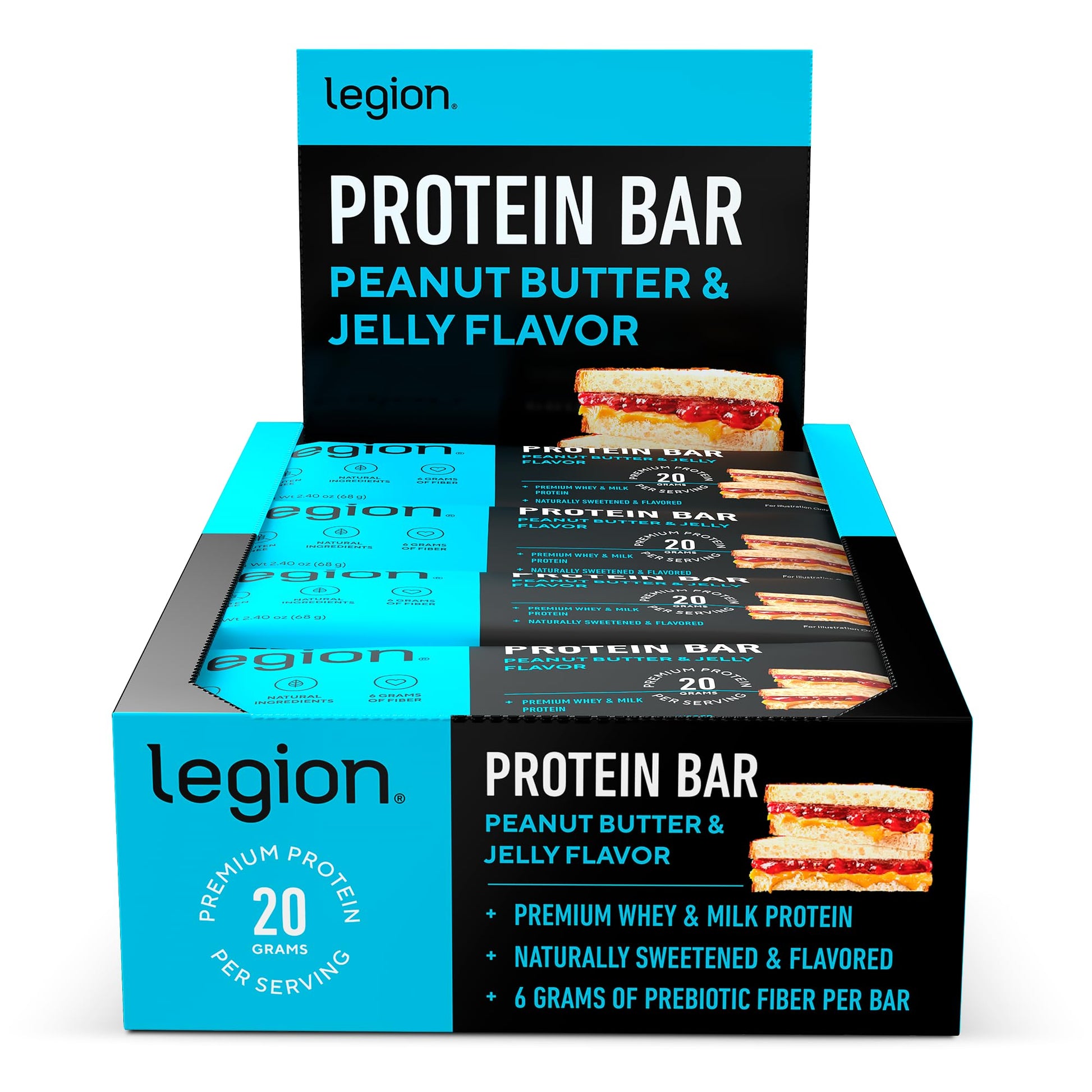 LEGION Protein Bar Peanut Butter Jelly - 100% Whey Protein, Gluten Free, Low Sugar, 12 Count