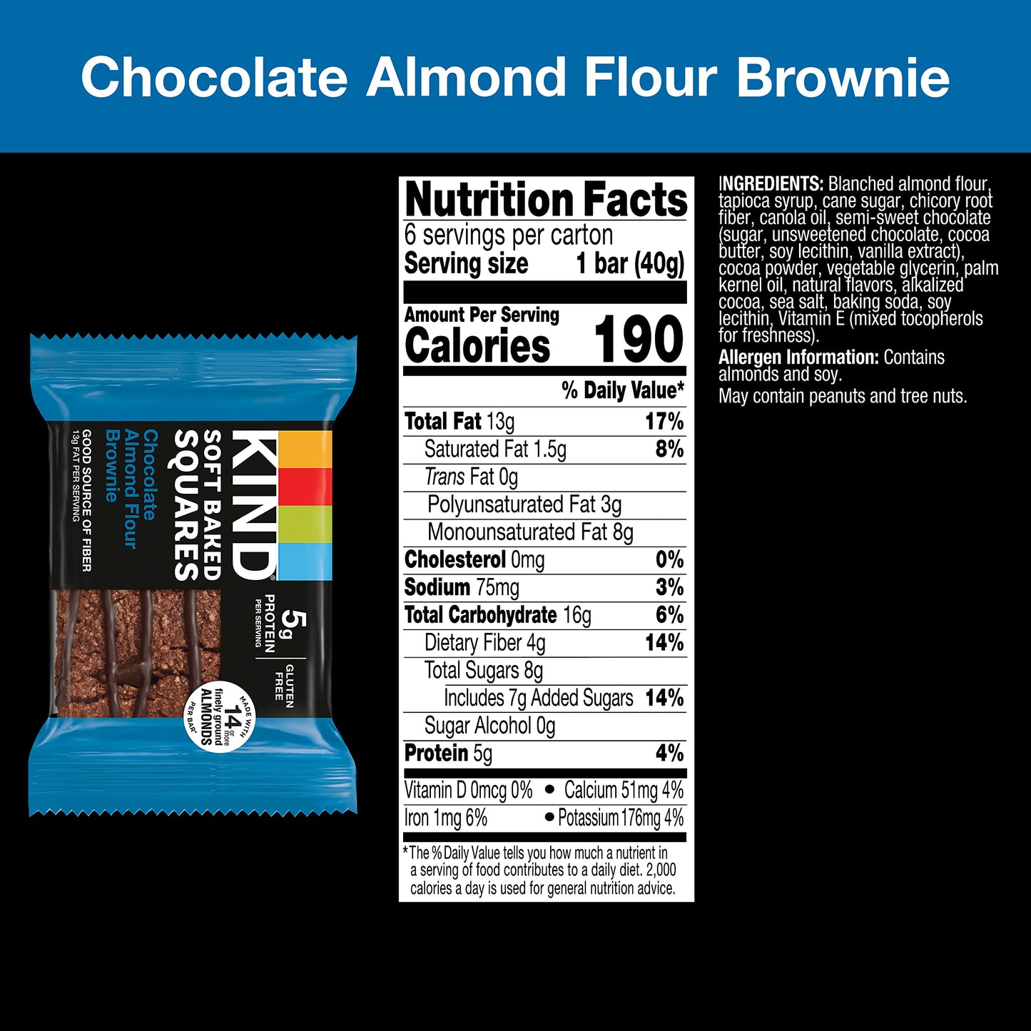 Kind Soft Baked Squares, Chocolate Almond Flour Brownies, Healthy Snacks, Good Source Of Fiber, Gluten Free, 5G Protein, 6 Count