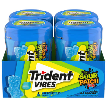 Trident Vibes Sour Patch Kids Blue Raspberry Sugar Free Gum, 4-40 Piece Bottles (160 Total Pieces)