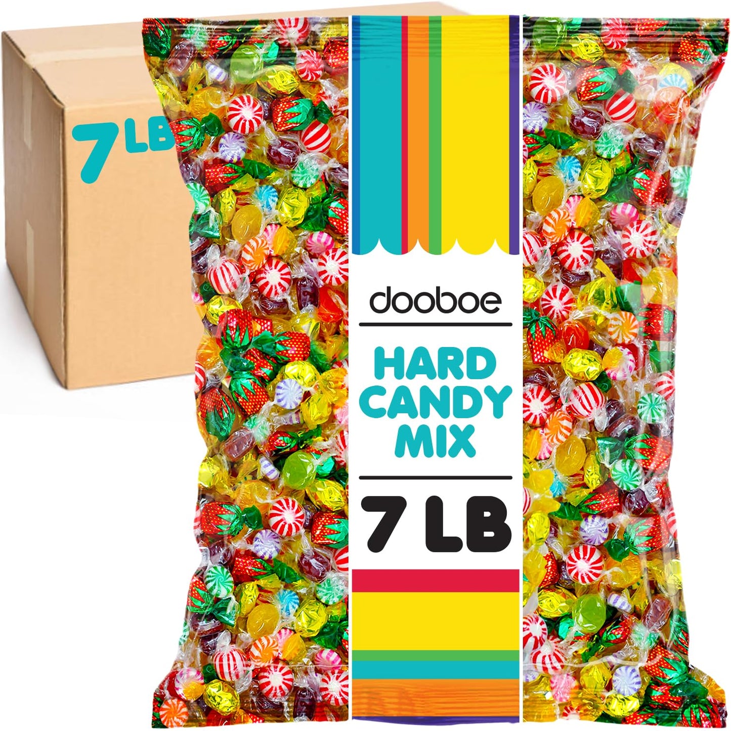Dooboe Hard Candy Mix - 7 lbs - Christmas Bulk Candies - Individually Wrapped - Rootbeer, Strawberry, Toffee, Mint - 24.3 x 9.2 x 