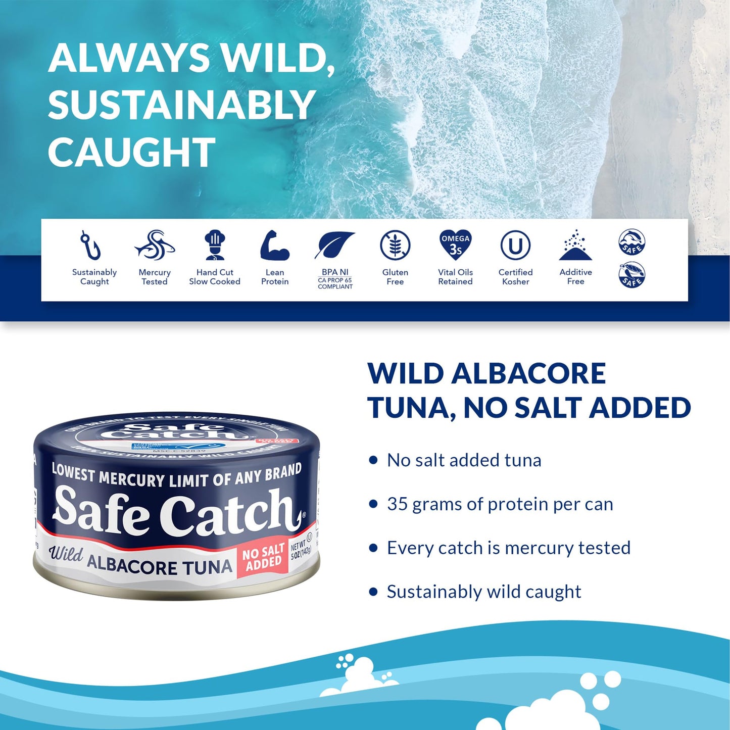 Safe Catch Canned Lowest Mercury Limit Albacore Tuna Fish No Salt Added, Wild Caught, Gluten-Free, Kosher, Whole30 Approved, Ket