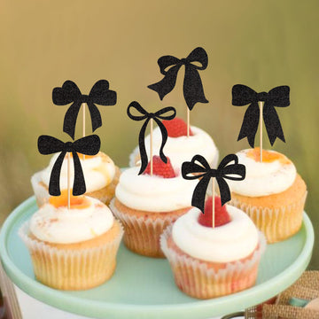 Cyodoos 24Pcs Black Bow Cupcake Toppers Bow Baby Shower Cake Decorations For Birthday Party Wedding Party Decorations