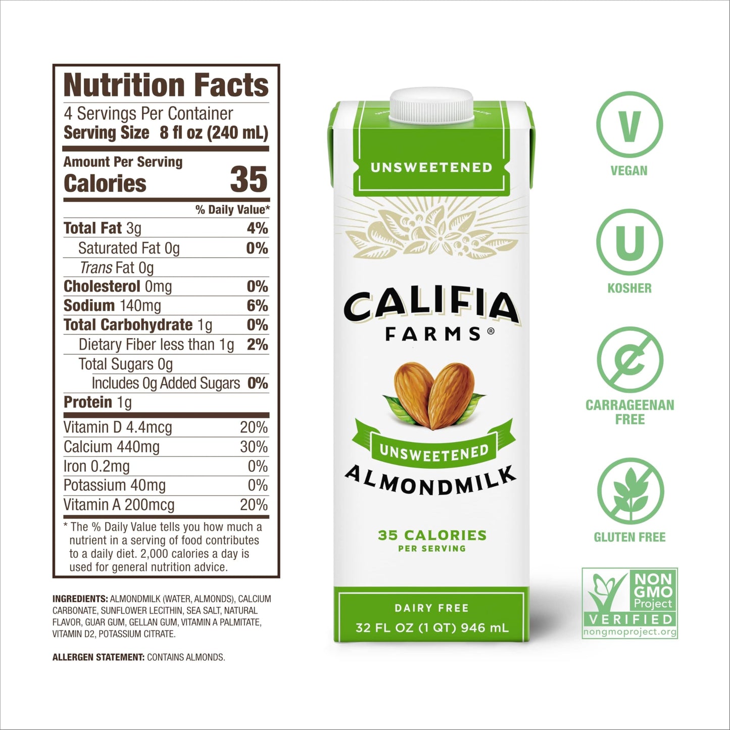 Califia Farms - Unsweetened Almond Milk, 32 Oz (Pack of 6), Dairy Free, Vegan, Plant Based, Keto Food, Shelf Stable, Vegan, Glut