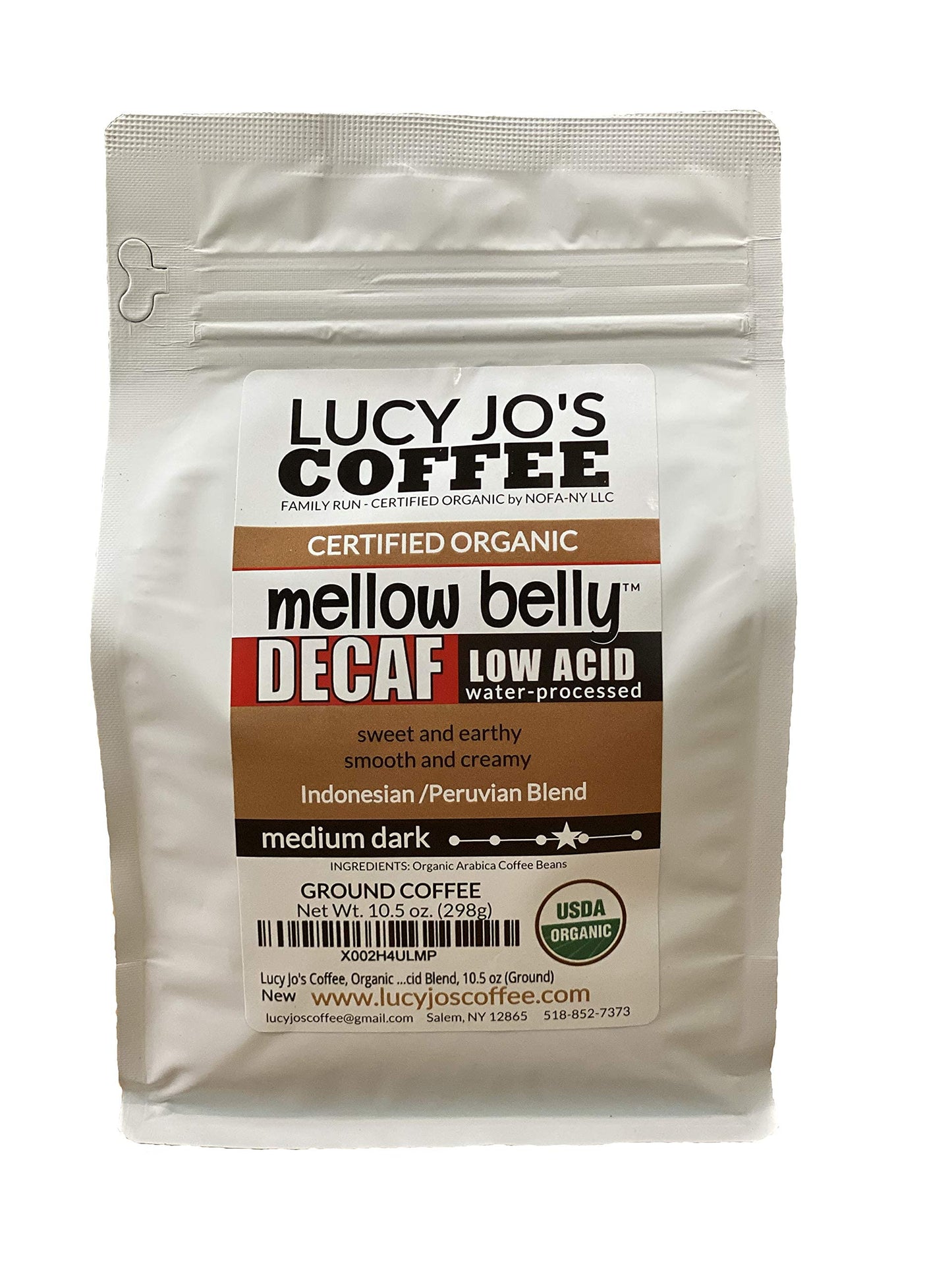 Lucy Jos Coffee Organic Decaf Mellow Belly Low Acid Blend, Medium Dark, 10.5 oz Ground