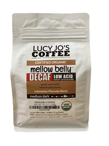 Lucy Jos Coffee Organic Decaf Mellow Belly Low Acid Blend, Medium Dark, 10.5 oz Ground