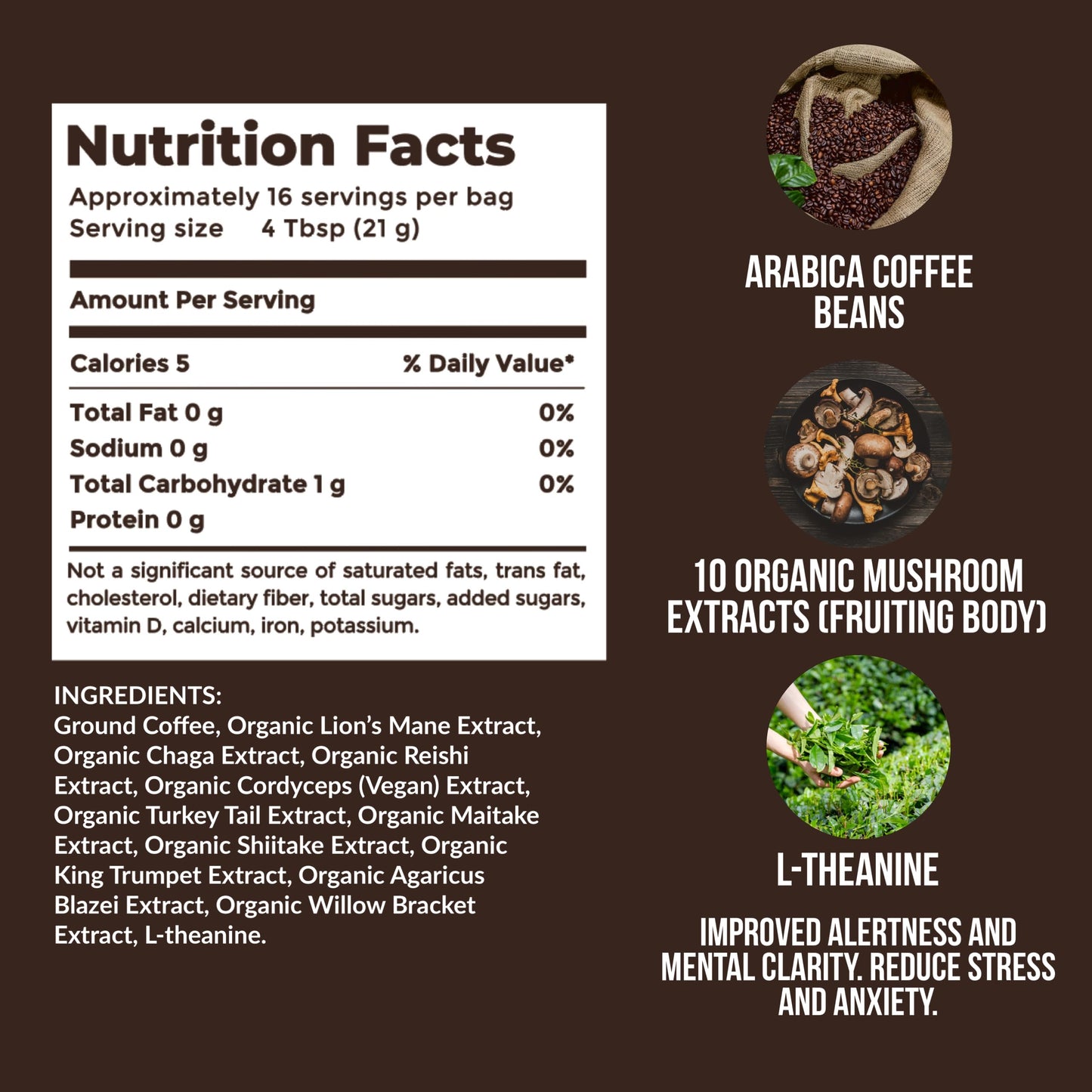 Mushroom Ground Coffee W/ 10 Organic Mushroom Extracts - King Trumpet, Agaricus Blazei, Willow Bracket, Lion'S Mane, Chaga, Reis