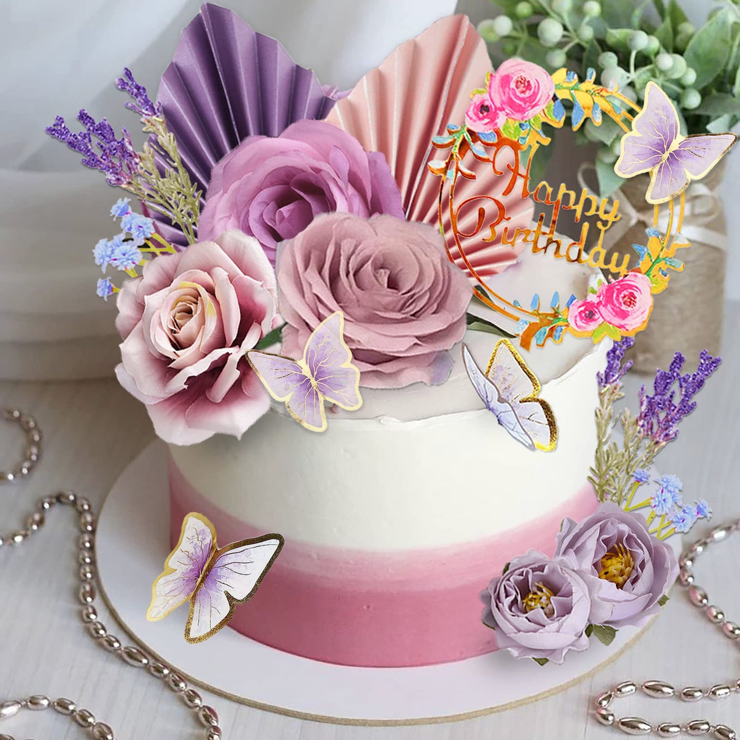 17 Pcs Flower Cake Toppers Butterfly Cake Decorations Happy Birthday Cake Toppers With Artificial Purple And Pink Rose Eucalyptu