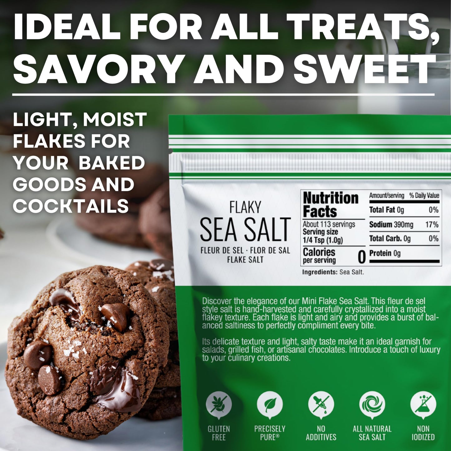 Garnishing Hand Harvested Sea Salt Grains, Baja Fleur de Sel Grain Salt, for Baking and Cooking and Fishing, 4 oz Bag