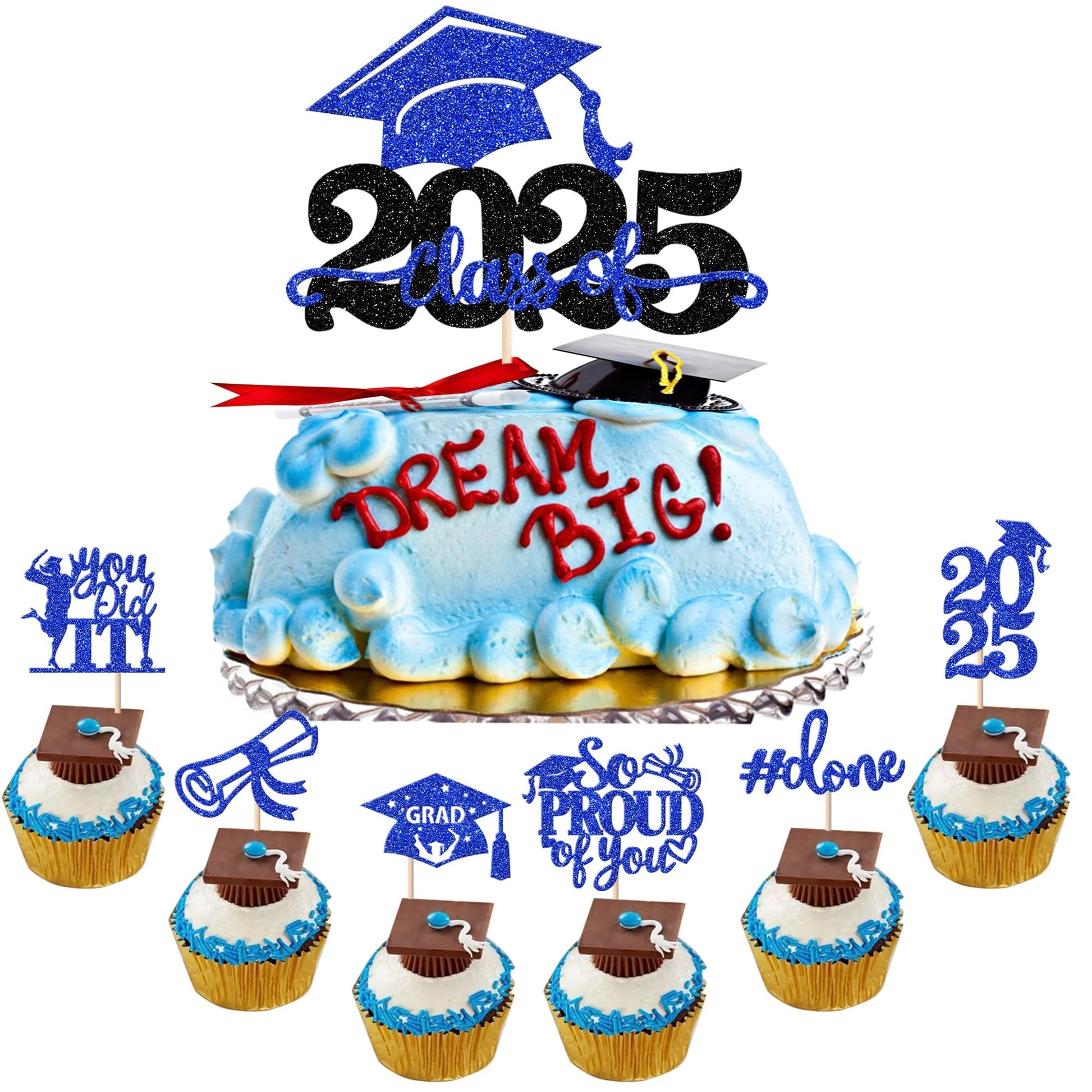 YCTHUNFISH Graduation Cupcake Toppers 25 Pack Glitter Paper Blue 2025 Theme Party Decorations