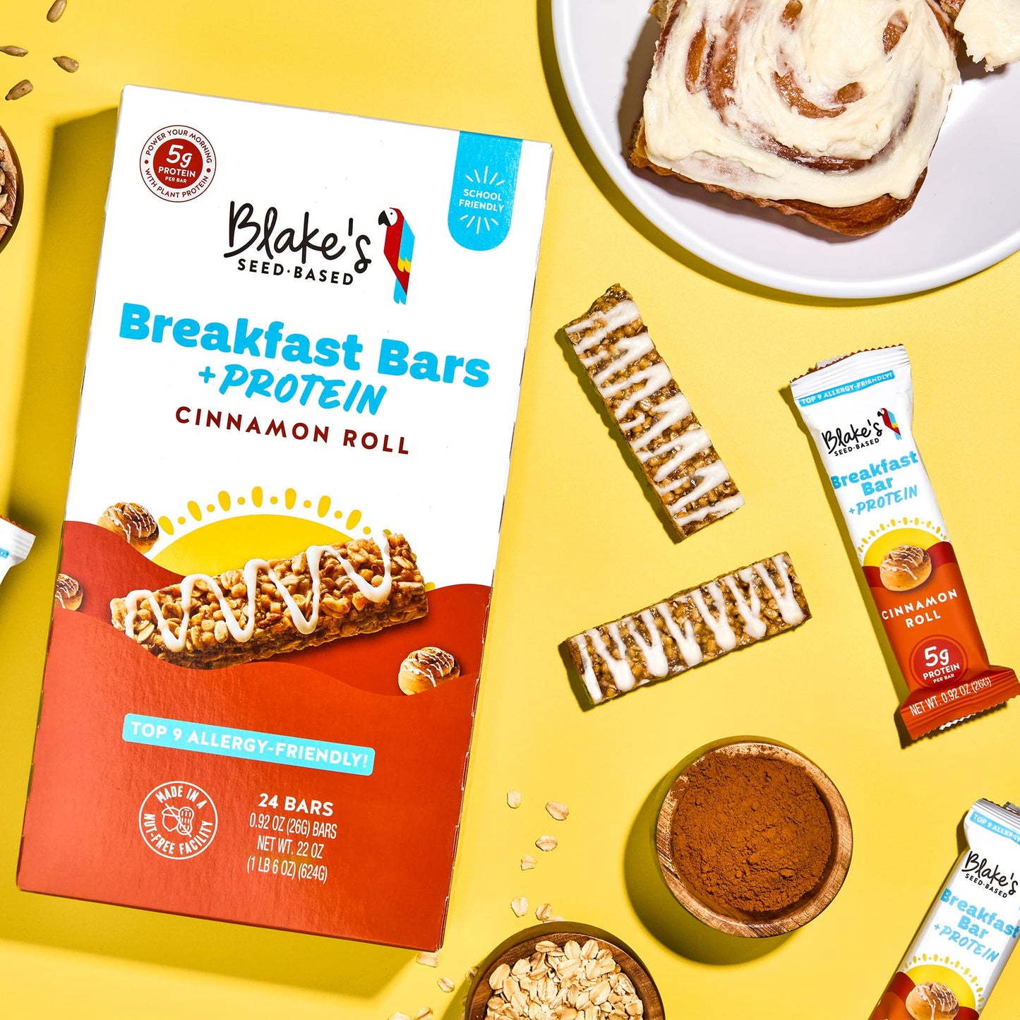 Blakes Seed Based Breakfast Bars - Cinnamon Roll, 5g Plant-Based Protein, Gluten Free, Nut Free, Dairy Free, Vegan, 24 Count