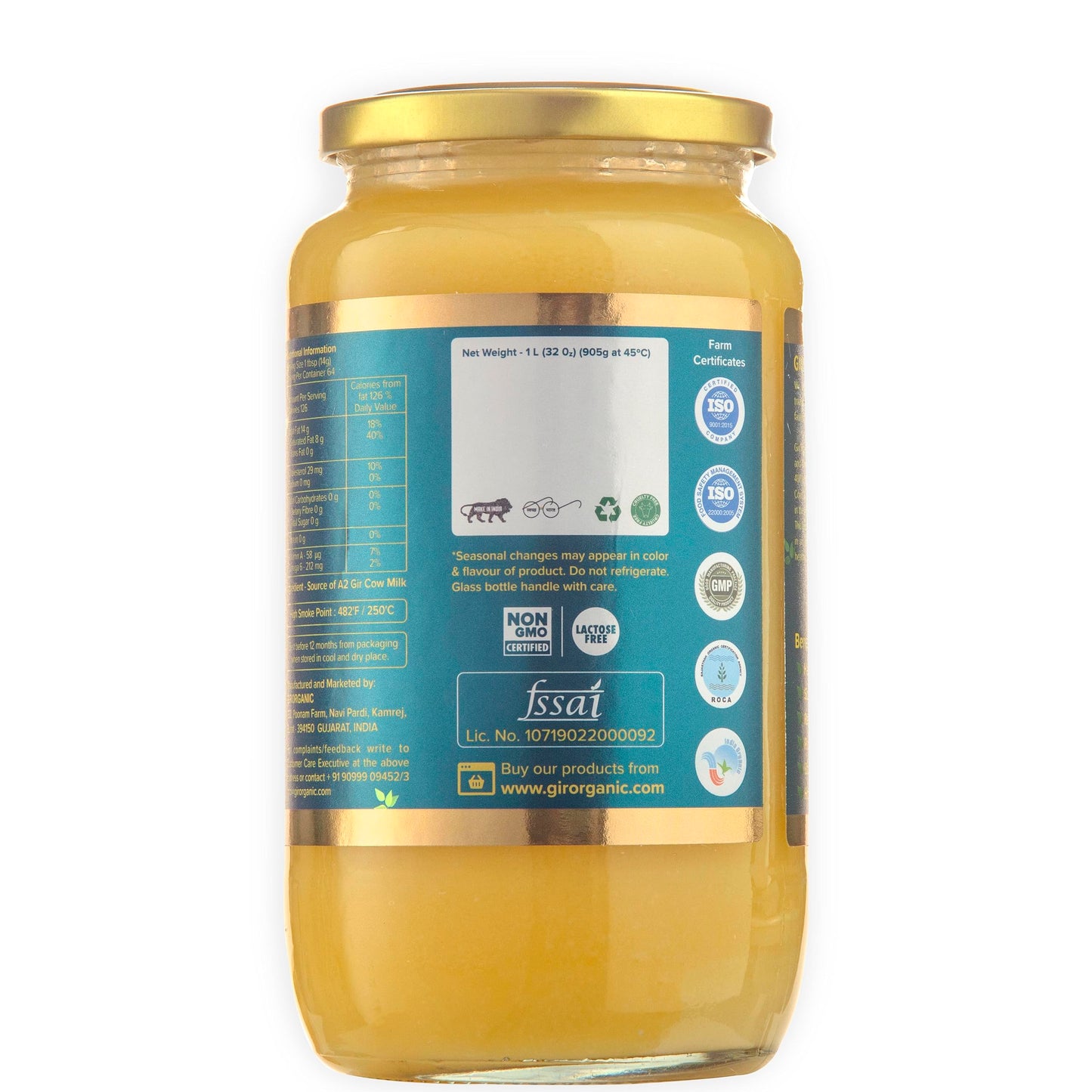 GirOrganic Grass Fed A2 Ghee| Clarified Butter (32 Oz) - Unsalted Gir Cow Ghee Butter - Organic Ghee Oil - Pasture Raised  Lactose-Free 32 Oz