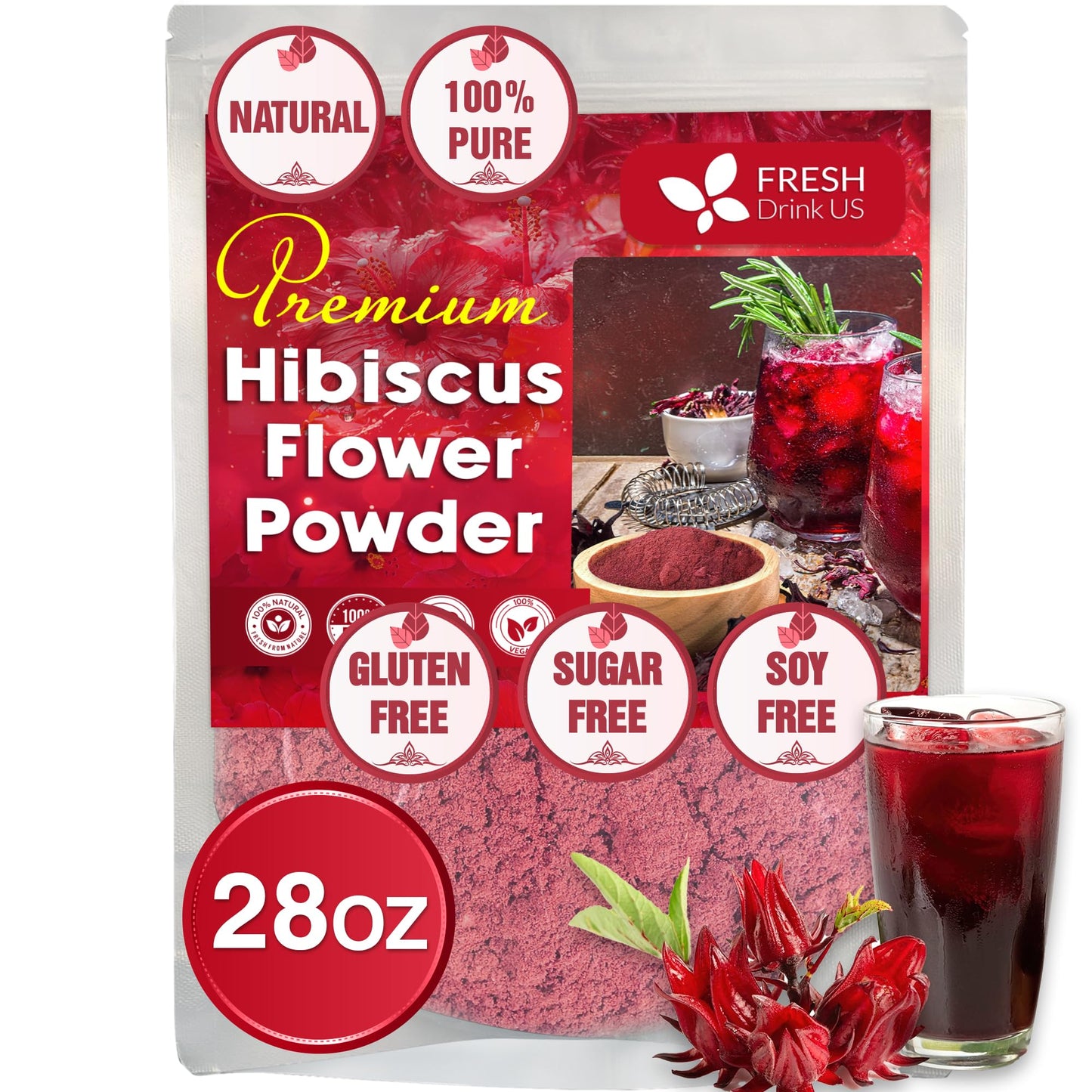 FRESHDRINKUS Hibiscus Flower Powder, 100% Natural, Vegan, 28oz