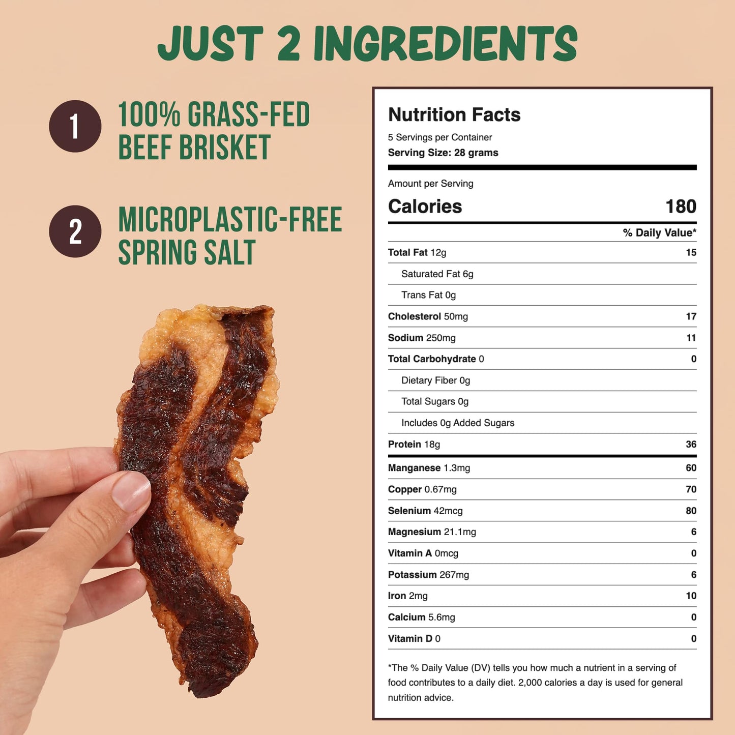Grazly Beef Brisket Slab - Grass-Fed & Finished | Only Meat & Salt  Soft & Buttery Texture | High-Protein Carnivore Snack | Made from 1lb Raw Brisket | 5oz On-the-Go Snack Pack