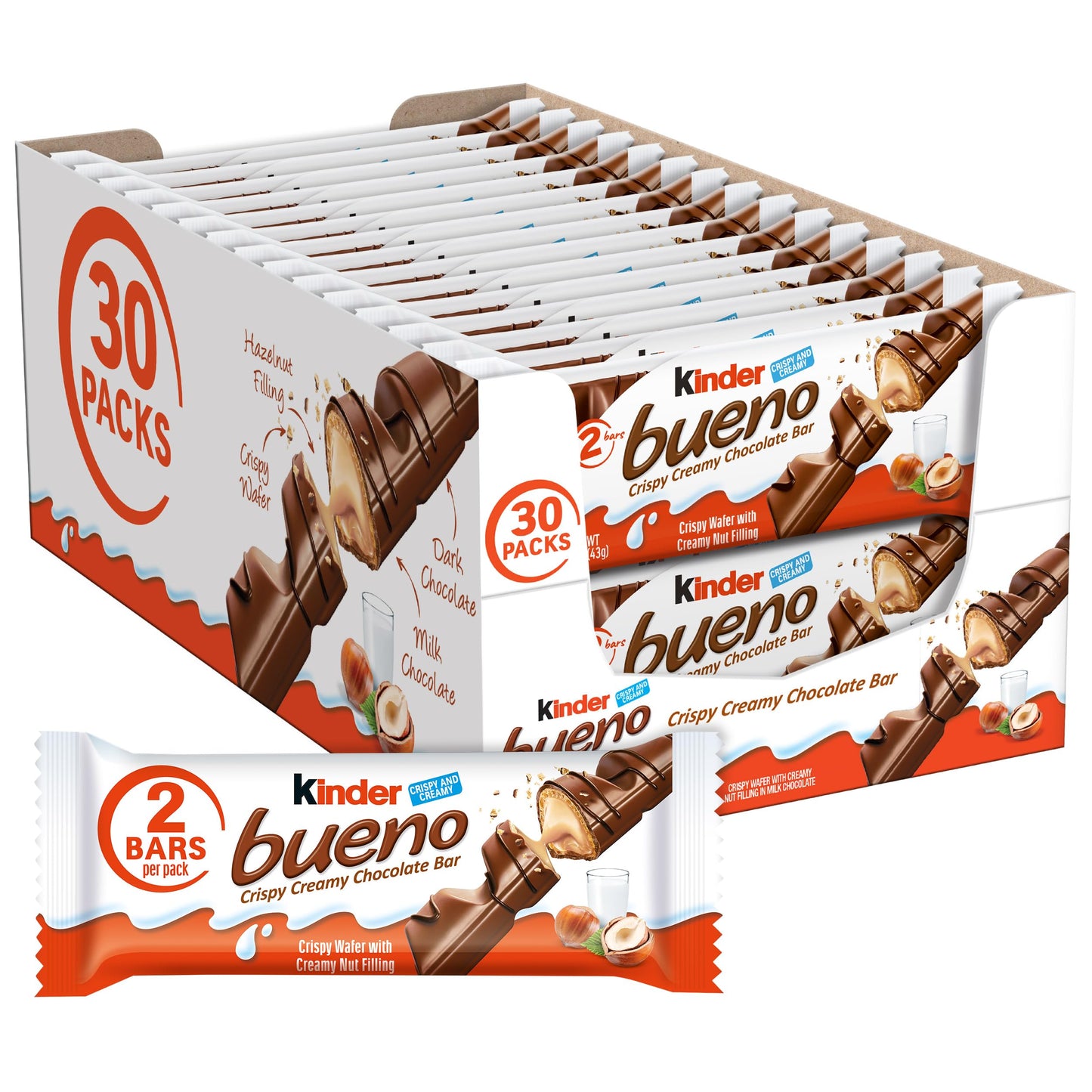 Kinder Bueno, Bulk 30 Pack, Milk Chocolate And Hazelnut Cream, Stocking Stuffers, 2 Individually Wrapped Chocolate Bars Per Pack, 1.5 Oz Each